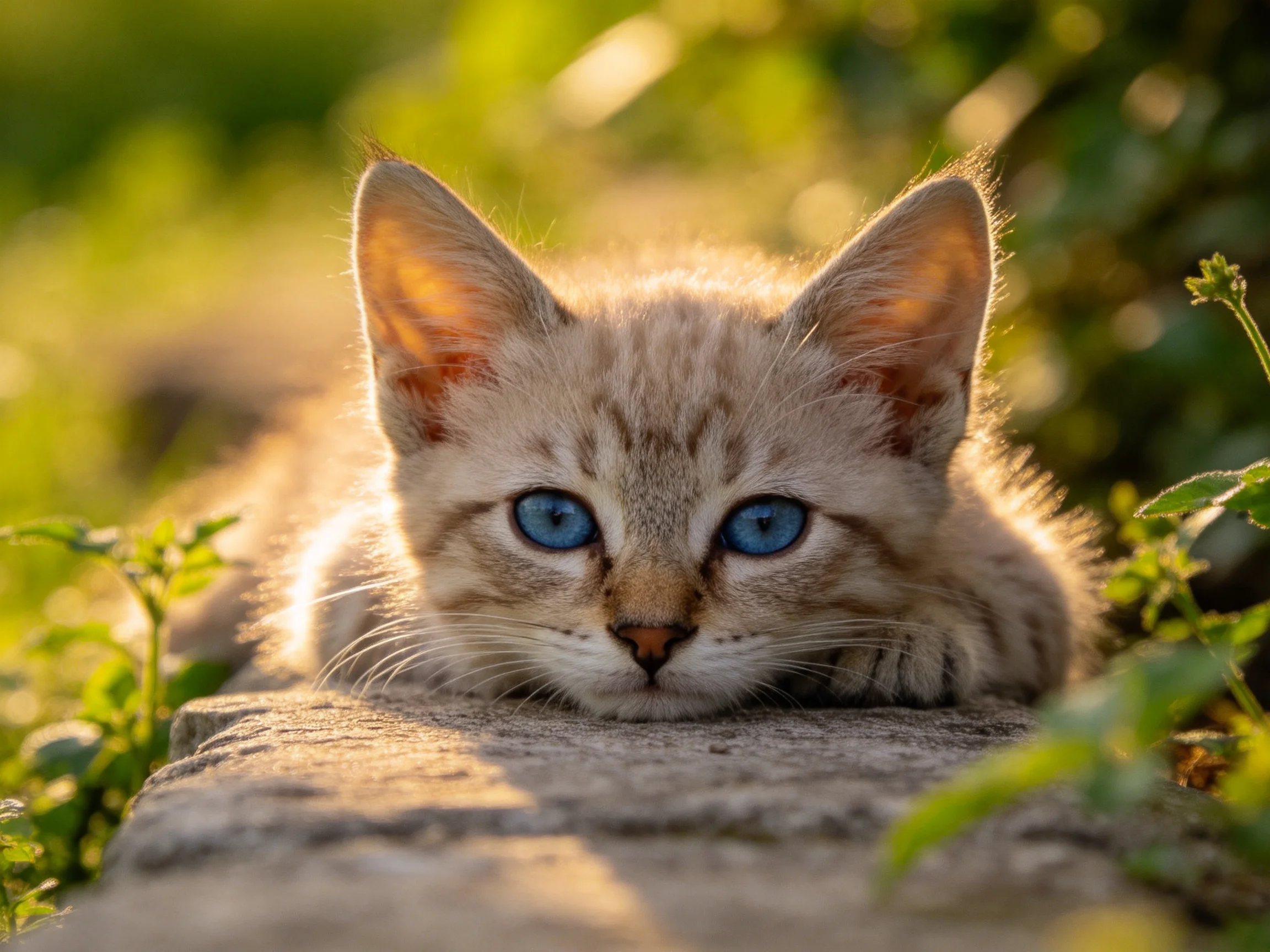 A small tan kitten with bright blue eyes rests on a stone ledge in a sunlit outdoor setting.