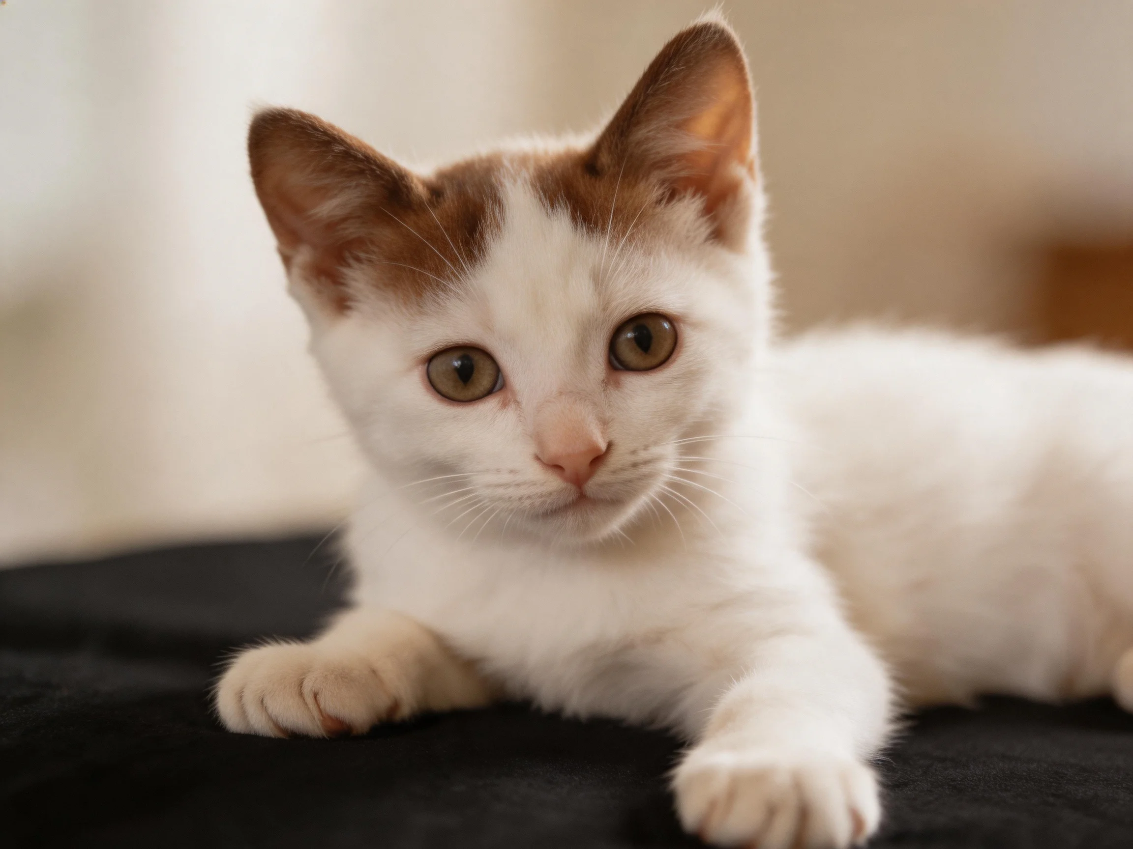 A small white and brown kitten resting on a black fabric surface