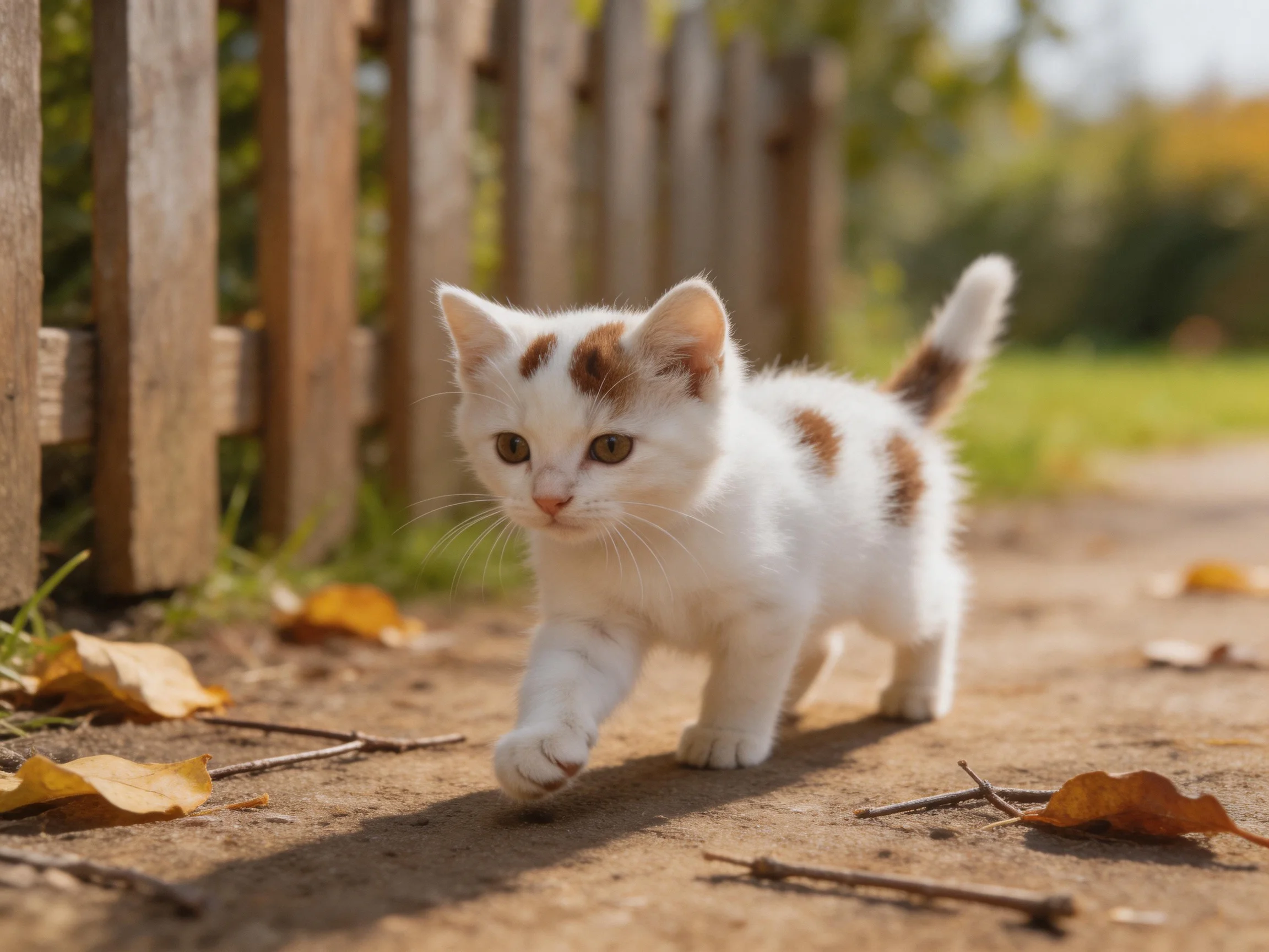 A small white and brown spotted kitten walks along a leaf-strewn path next to a wooden fence