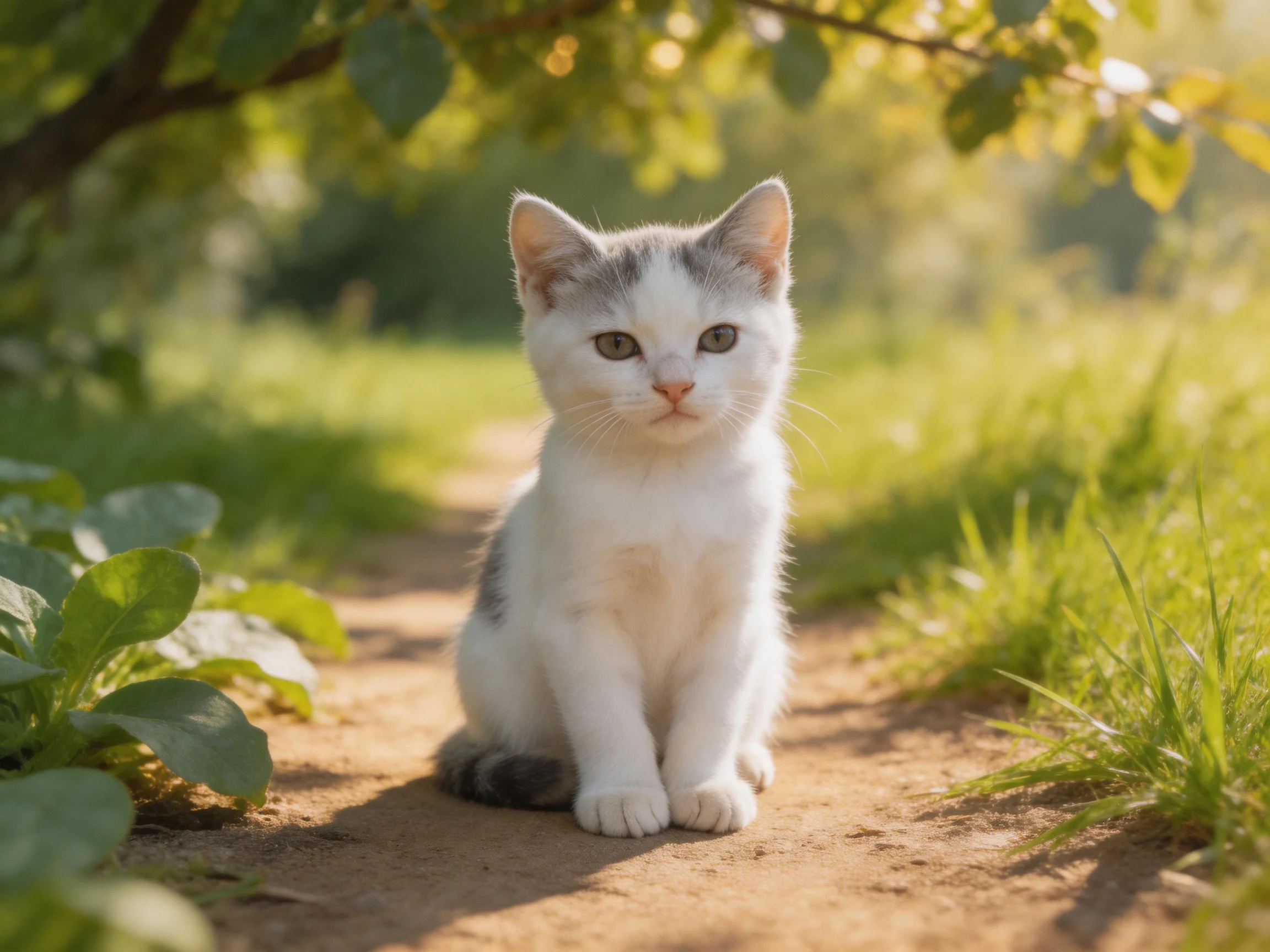 A small white and gray kitten sits calmly on a sunlit dirt path in a green outdoor setting.