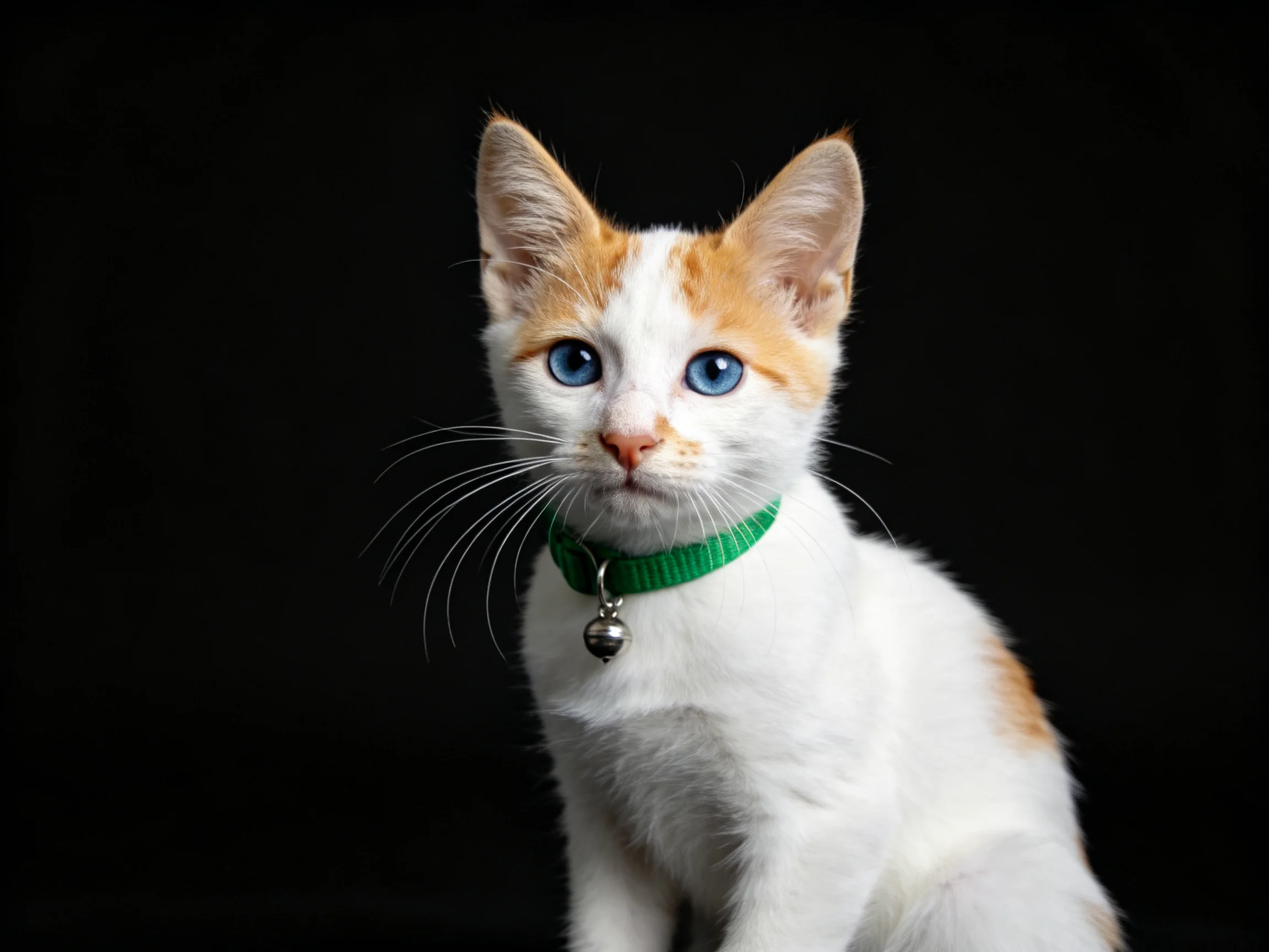 A small white and orange kitten with blue eyes sits against a black background.
