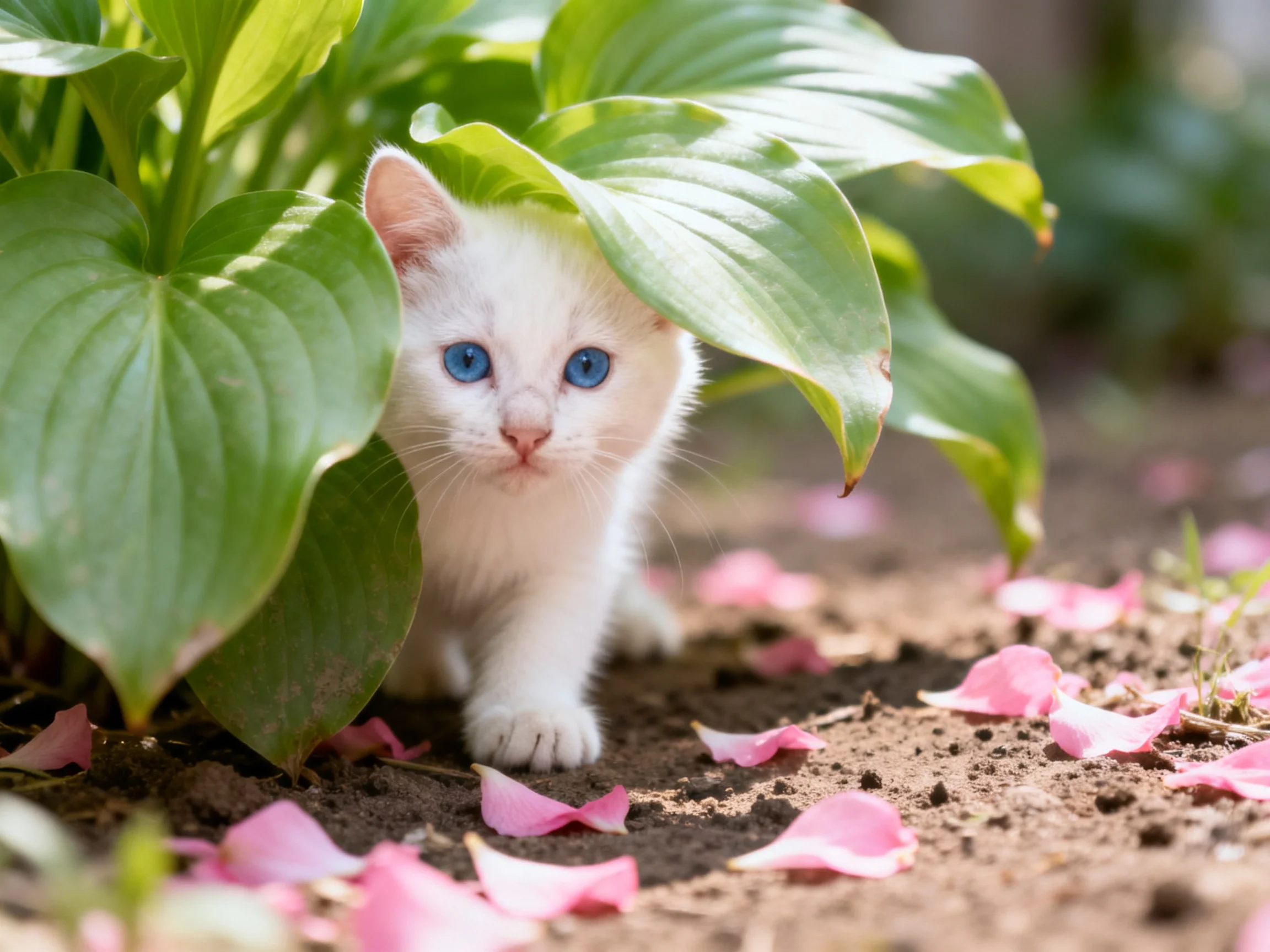 A small white kitten hides among large green leaves with scattered pink petals