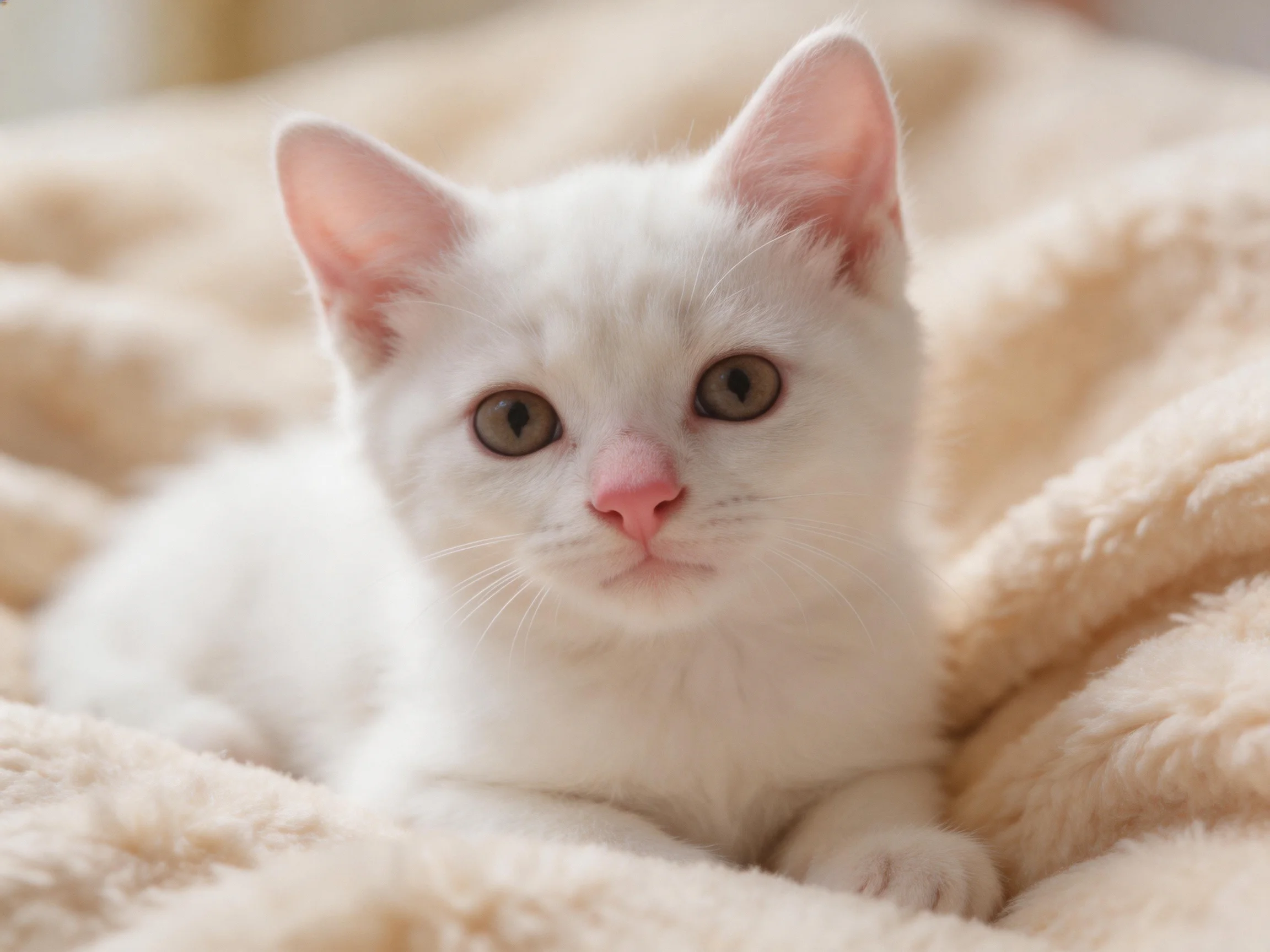 A small white kitten rests on a soft blanket.