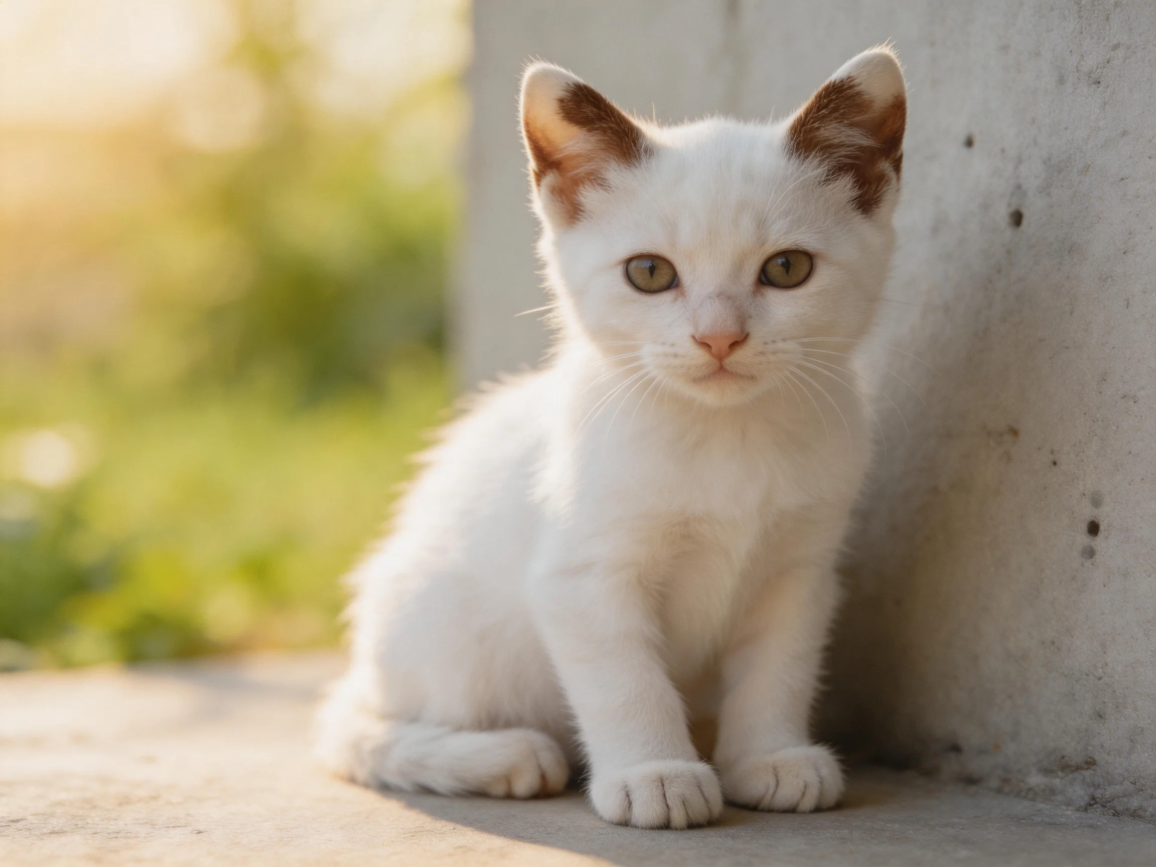 A small white kitten rests beside a gray concrete wall in soft daylight.