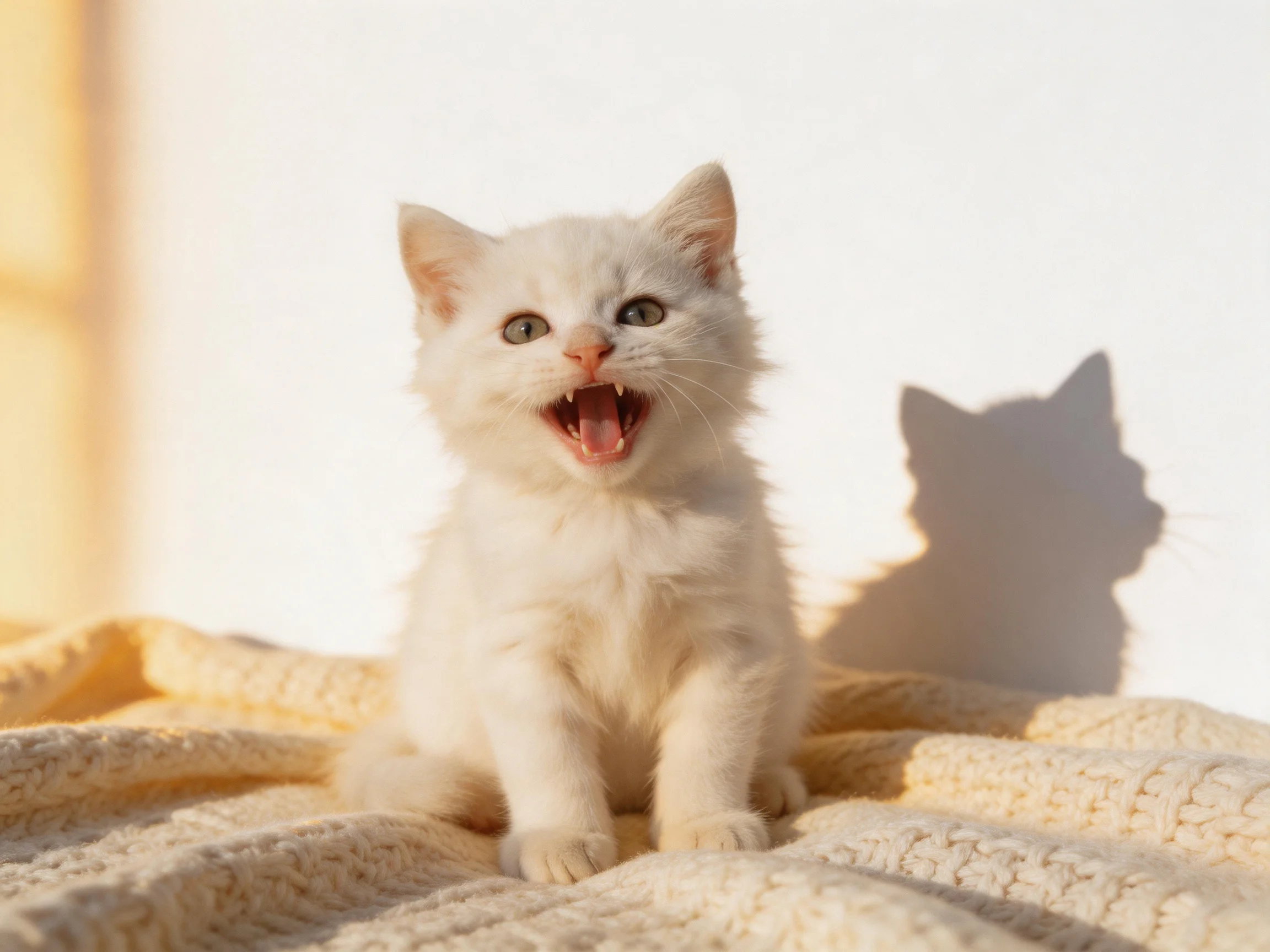 A small white kitten sits on a cream blanket in sunlight