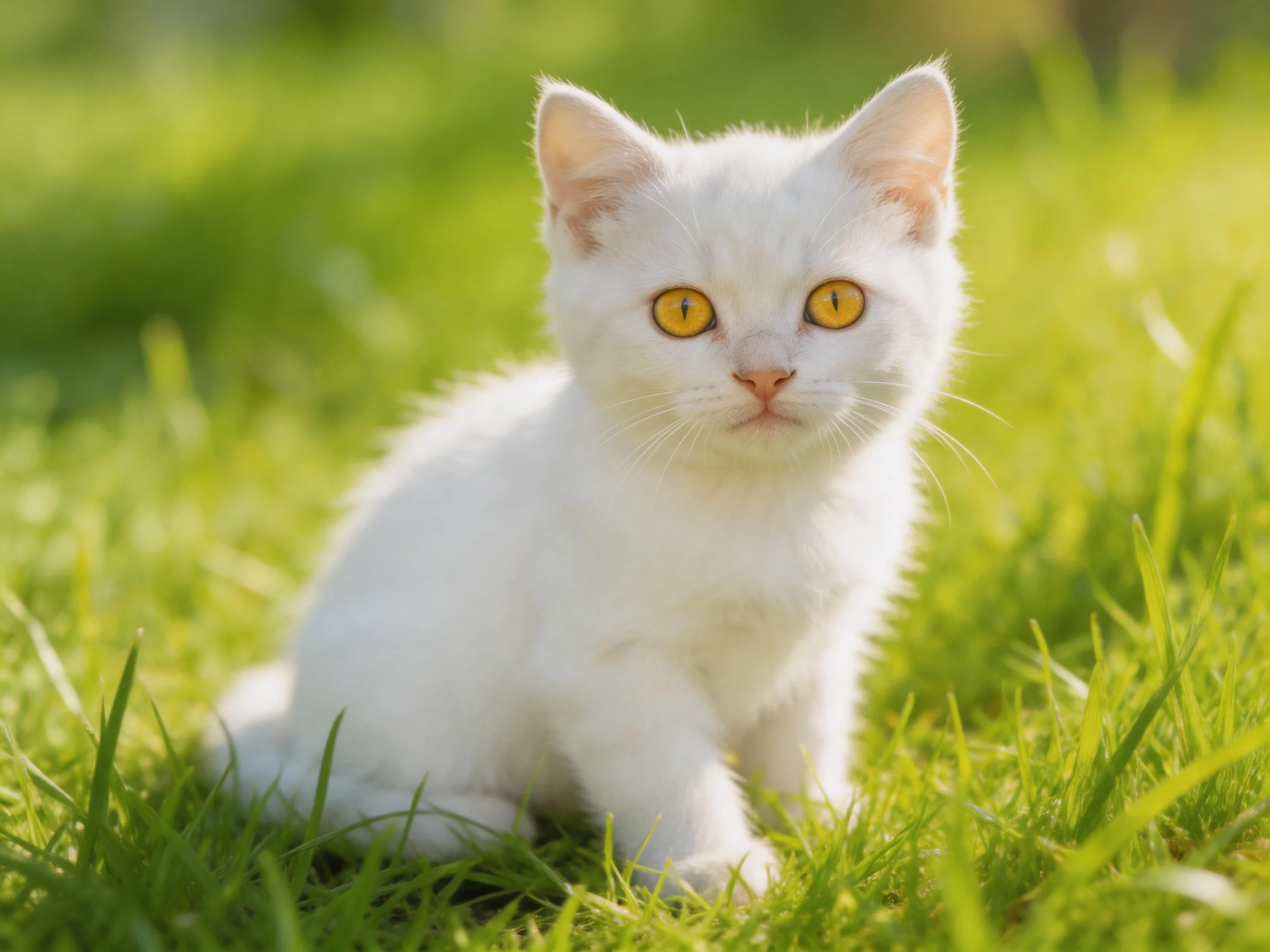 A small white kitten sits on vibrant green grass in bright sunlight