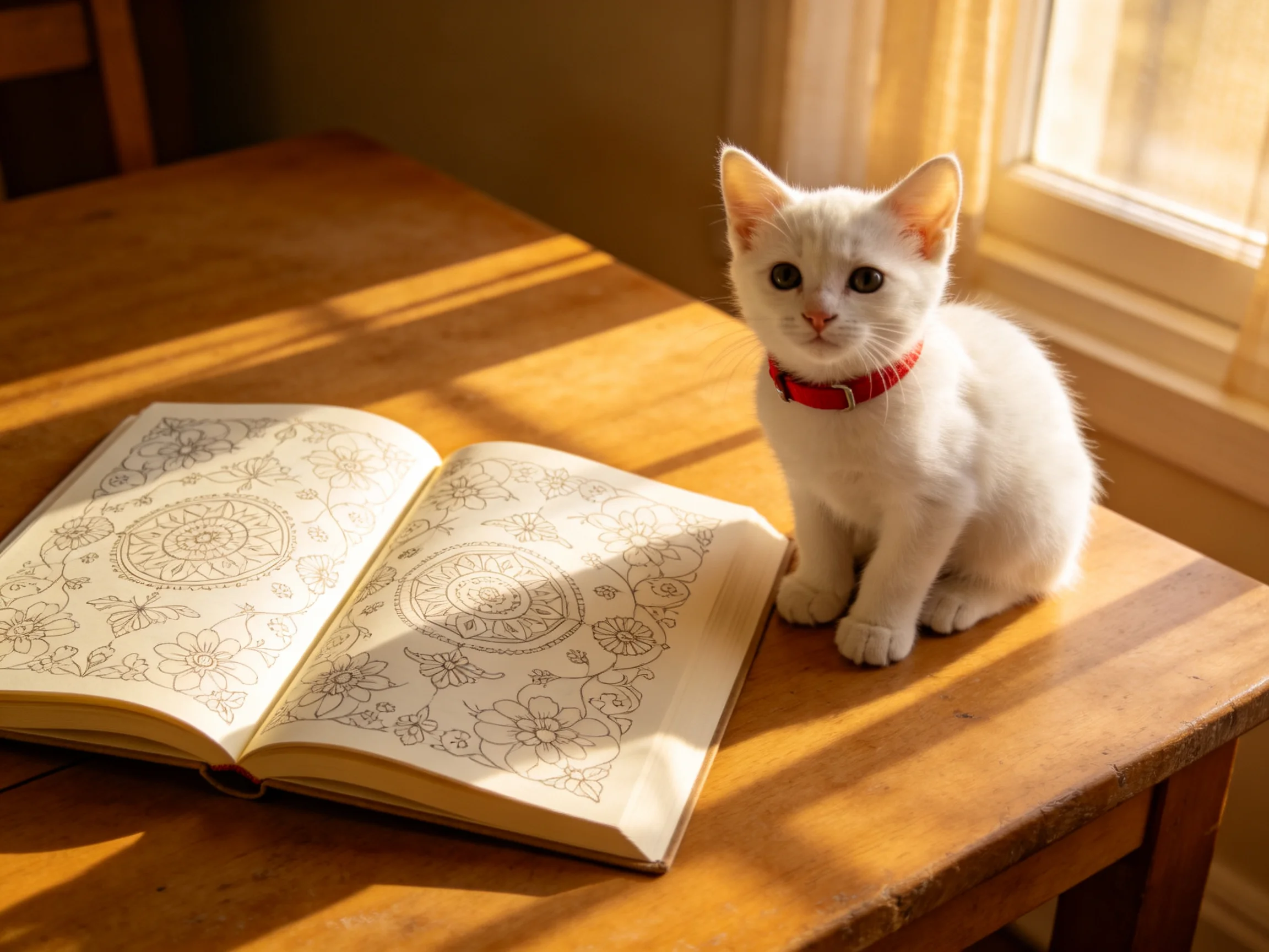 A small white kitten with a red collar sits next to an open coloring book on a wooden table.