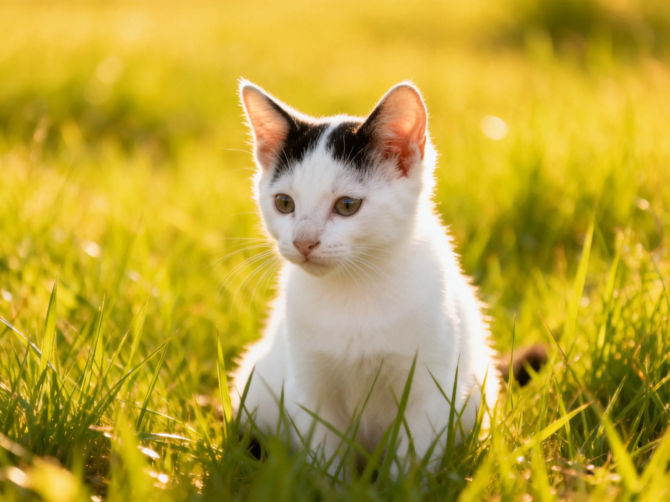 A small white kitten with black markings sits calmly amid tall green grass.