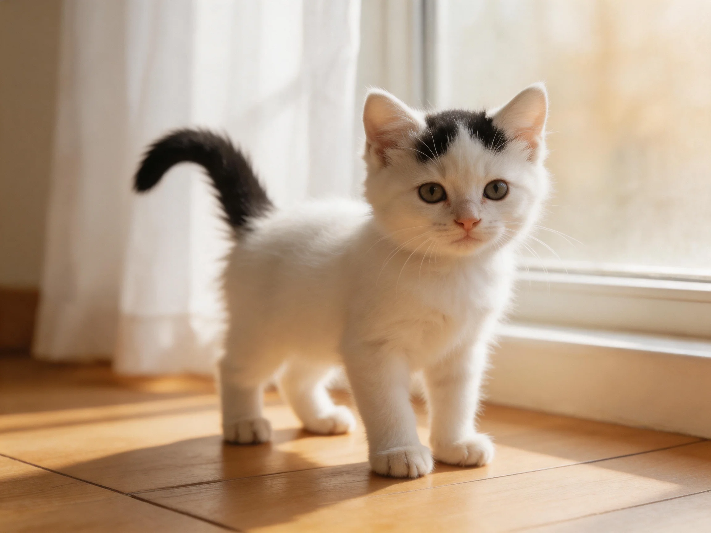 A small white kitten with black markings stands near a sunlit window.