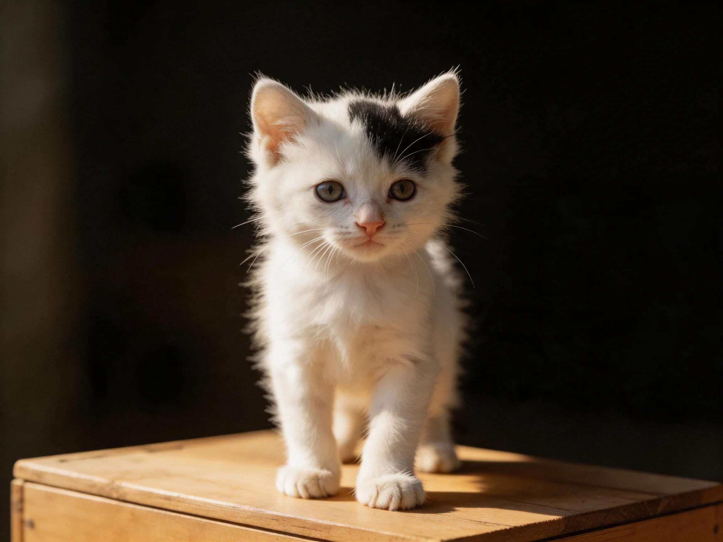 A small white kitten with black markings stands on a wooden box.