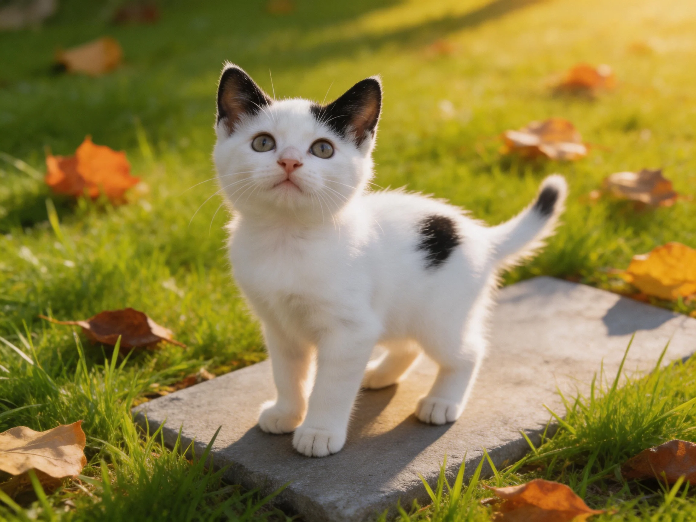 A small white kitten with black markings stands on a stone slab in a grassy area with fallen leaves.