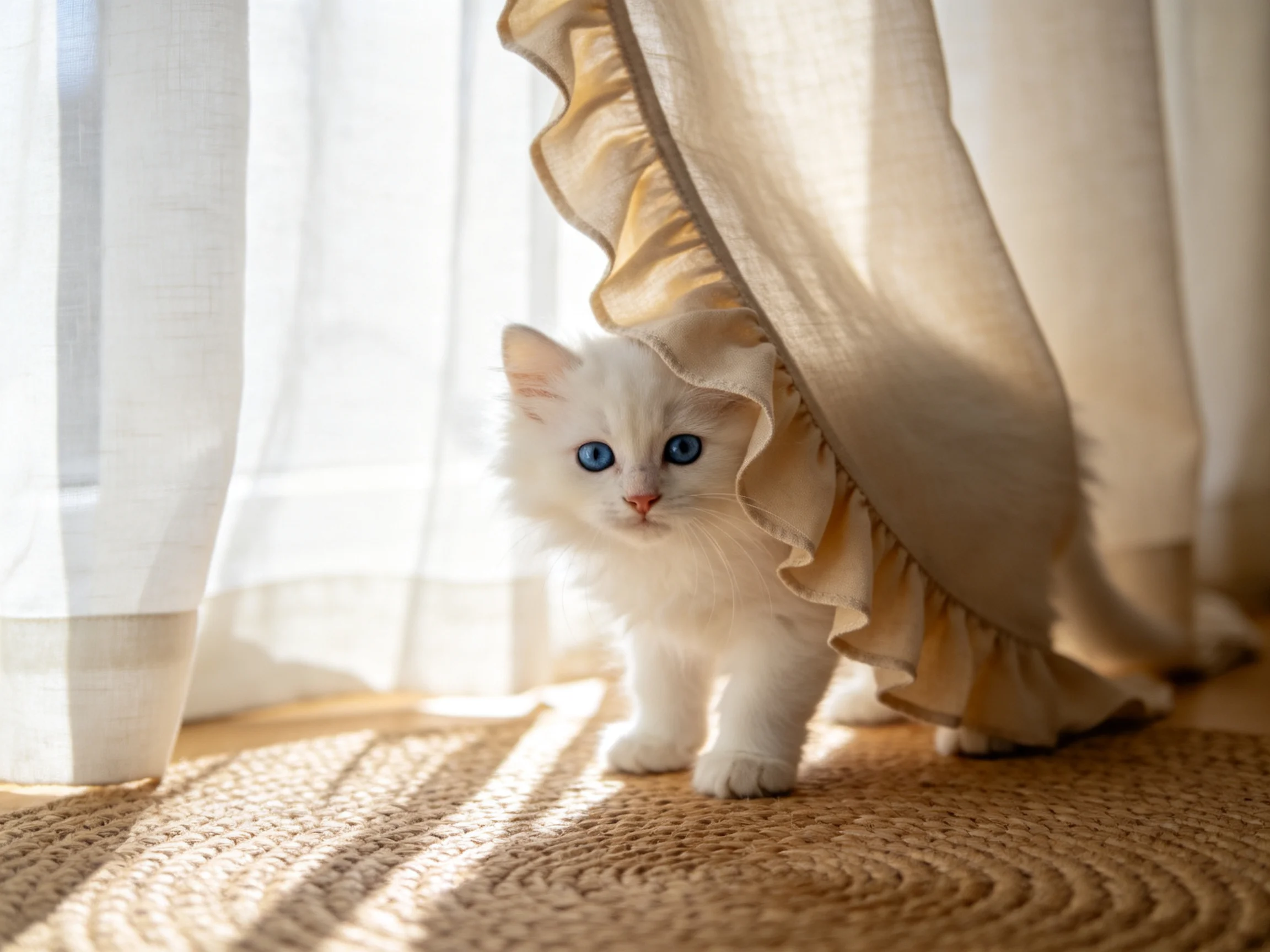 A small white kitten with blue eyes peeks from behind curtains near a woven rug.