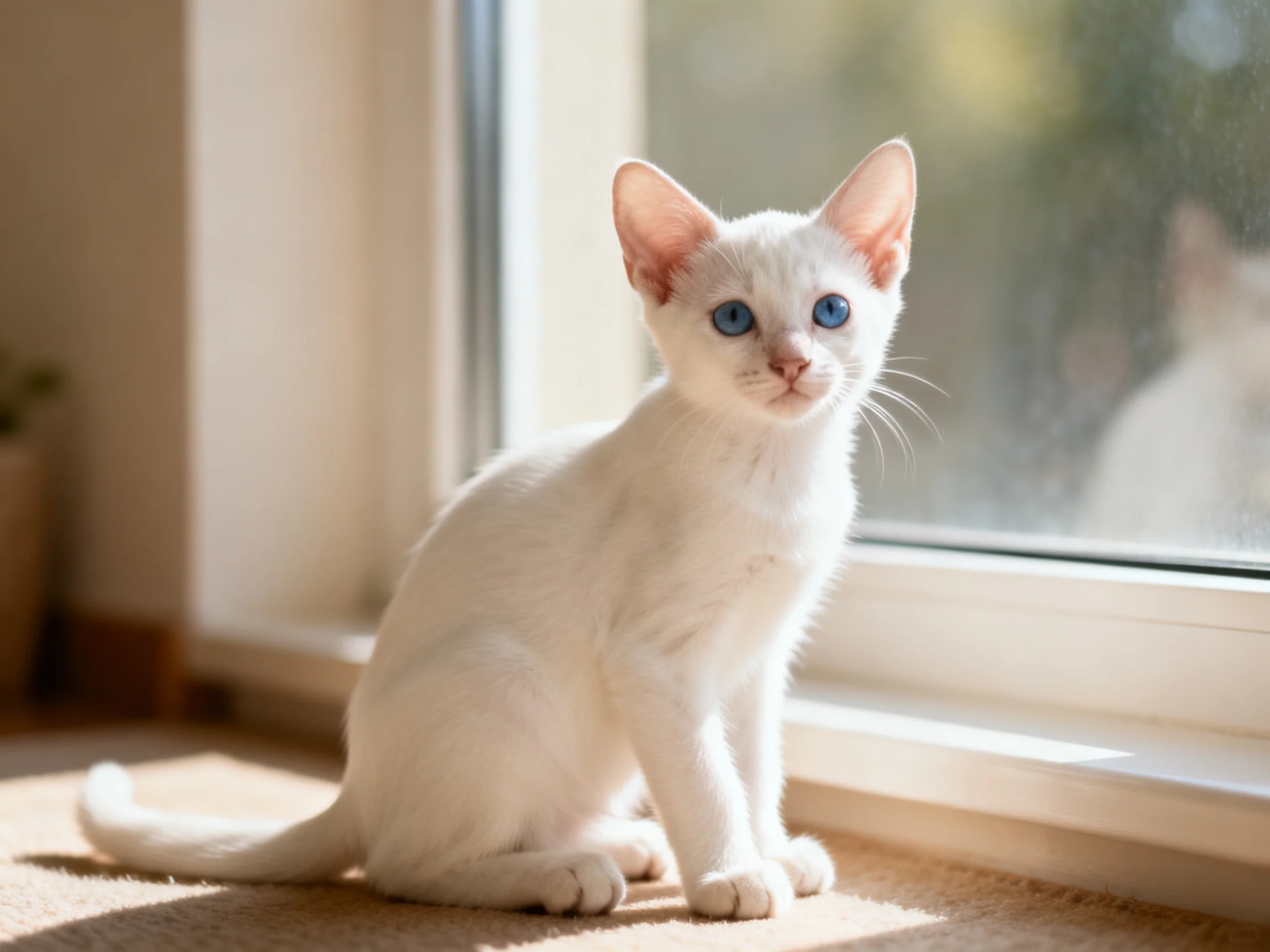 A white kitten with blue eyes sits near a sunlit window