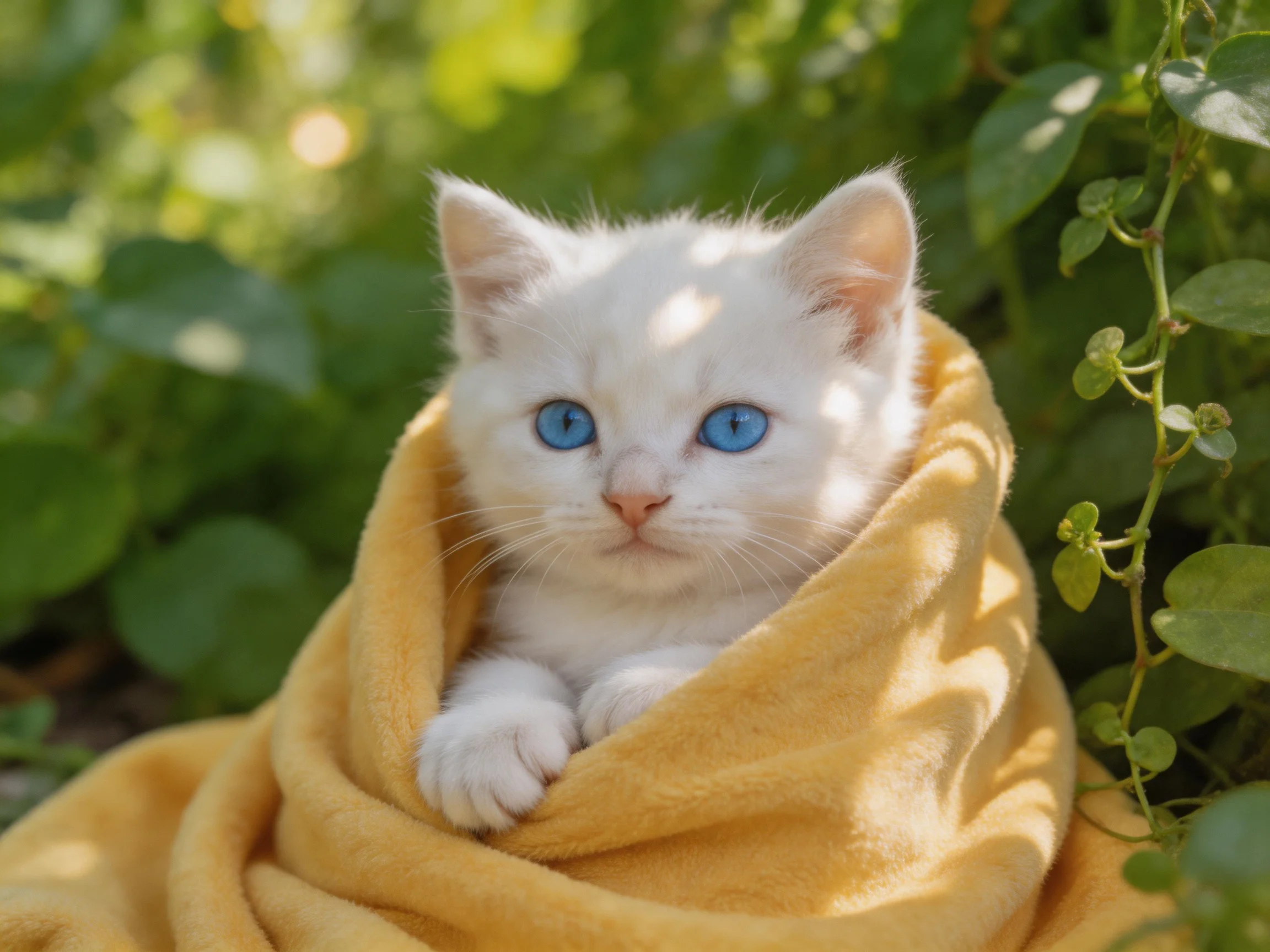 A white kitten with blue eyes wrapped in a yellow blanket sits among greenery.