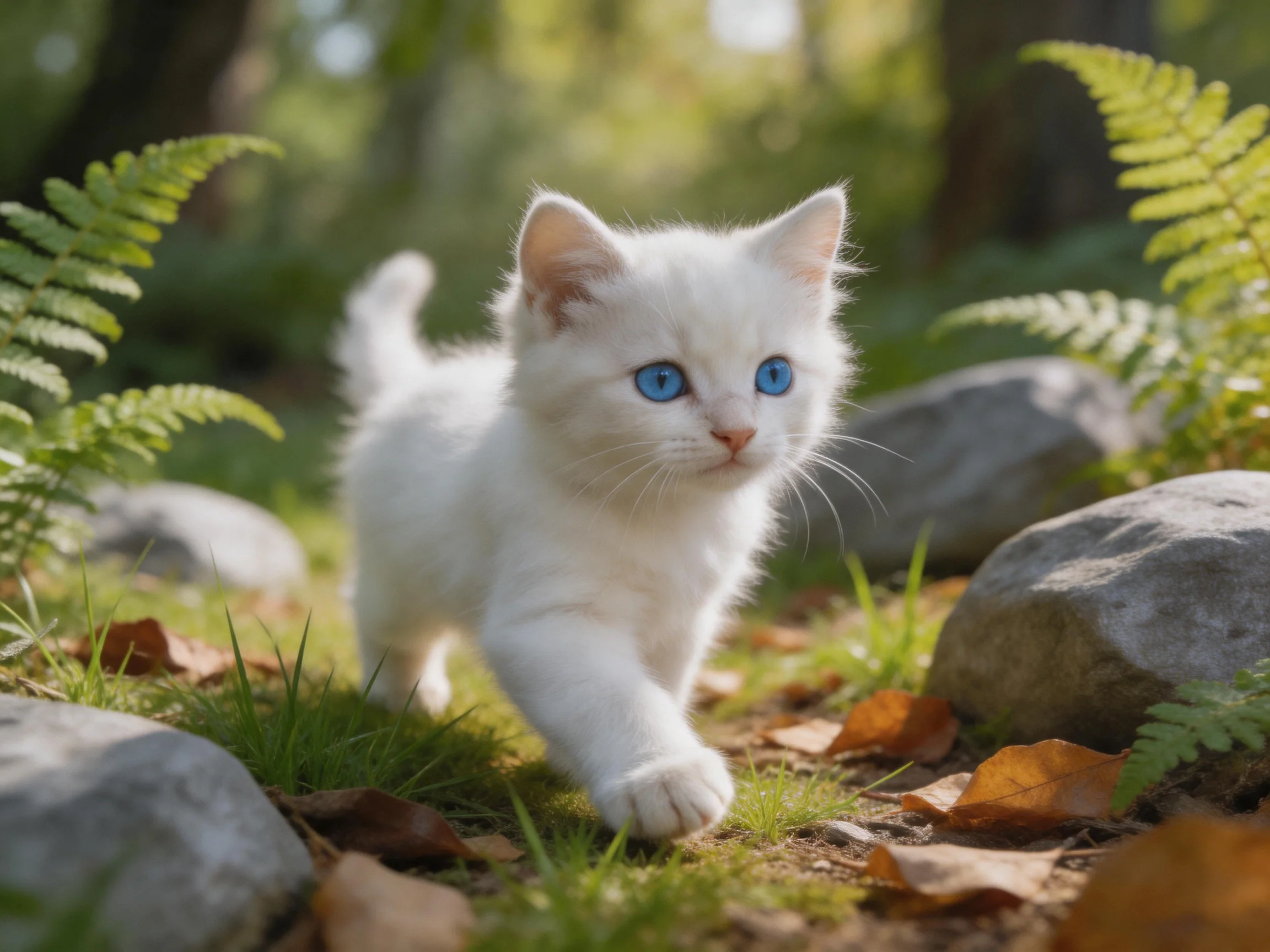 A small white kitten with blue eyes moves through a fern and rocky outdoor setting.