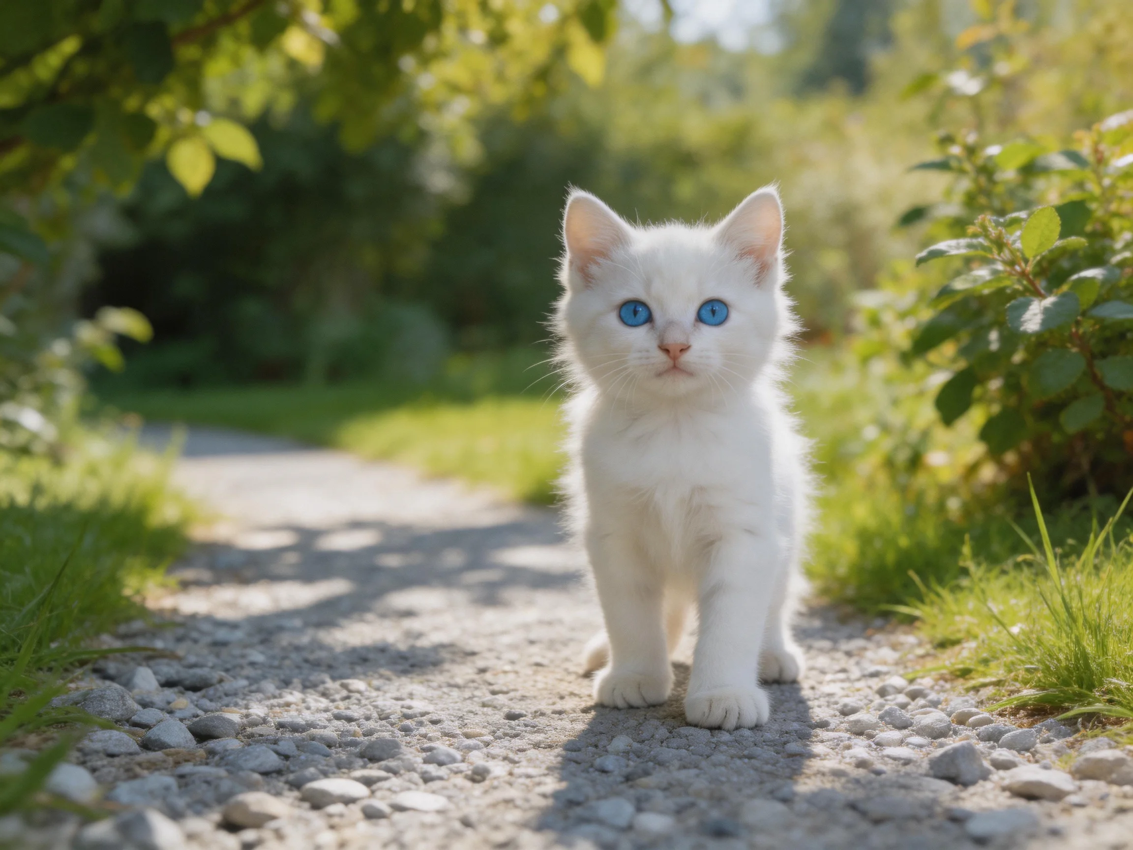 A small white kitten with blue eyes explores a sunlit gravel path near greenery.