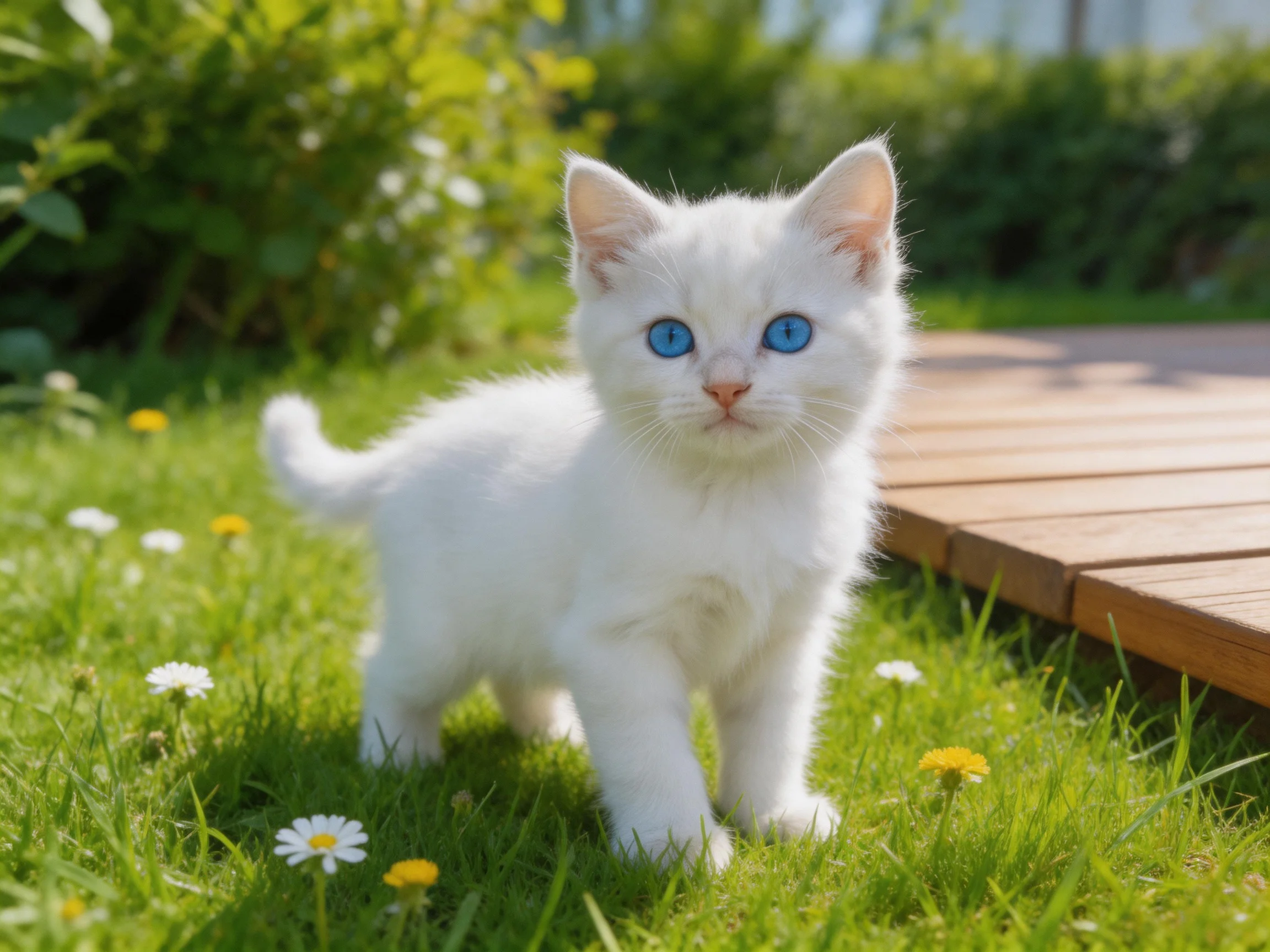 A small white kitten with blue eyes stands on lush green grass beside a wooden deck.