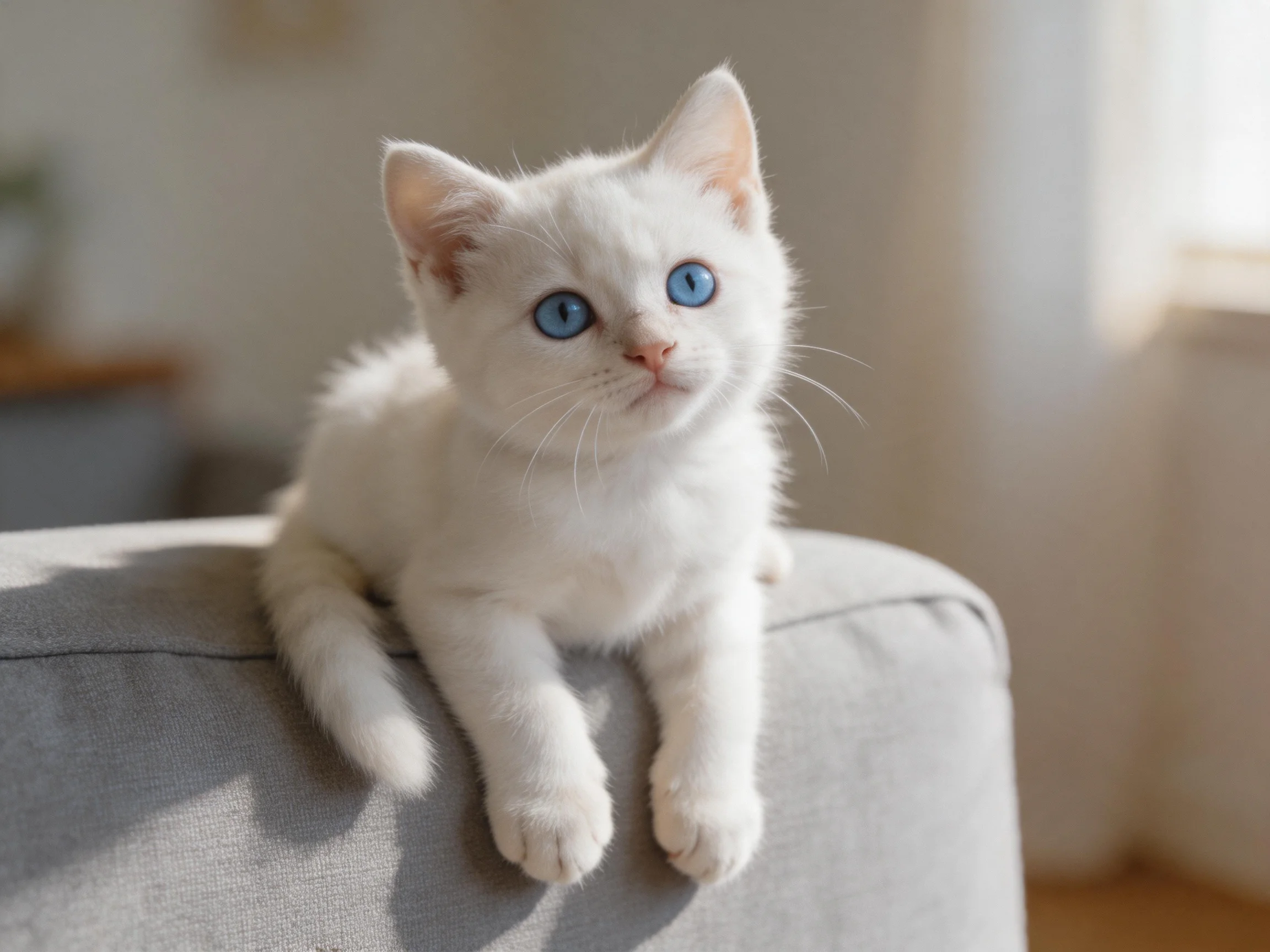 A small white kitten with blue eyes sits on a gray couch in a softly lit room