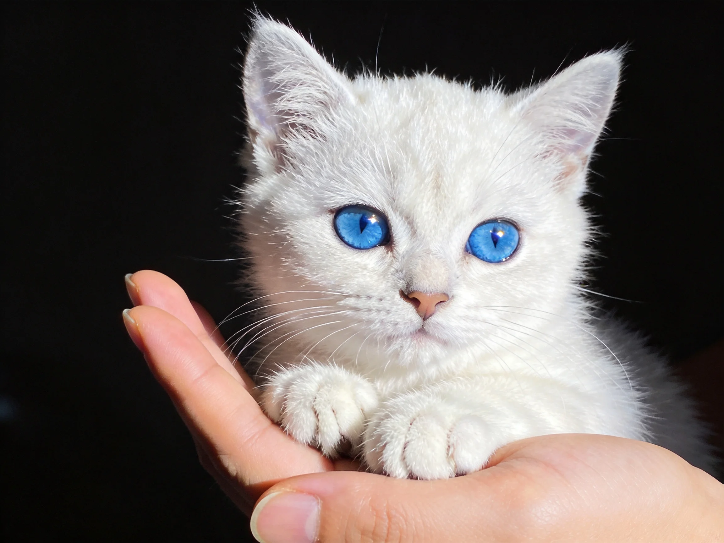 A small white kitten with blue eyes is cradled in a hand.