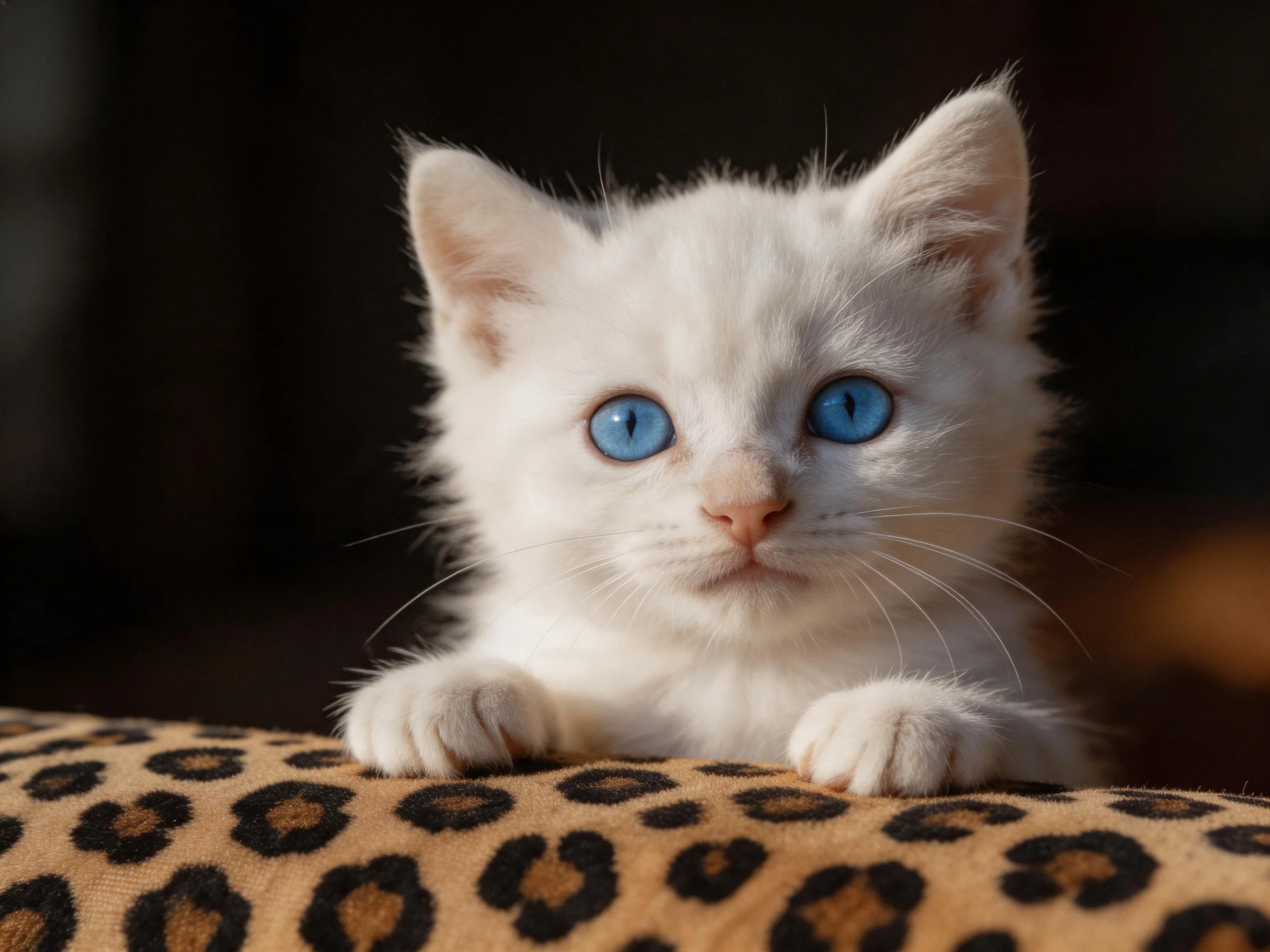 A small white kitten with striking blue eyes peers over a leopard print fabric.