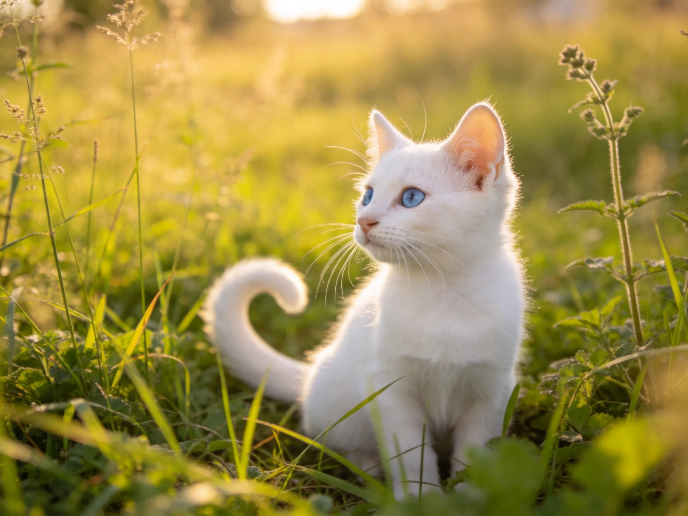 A white kitten with blue eyes rests among tall green grass.