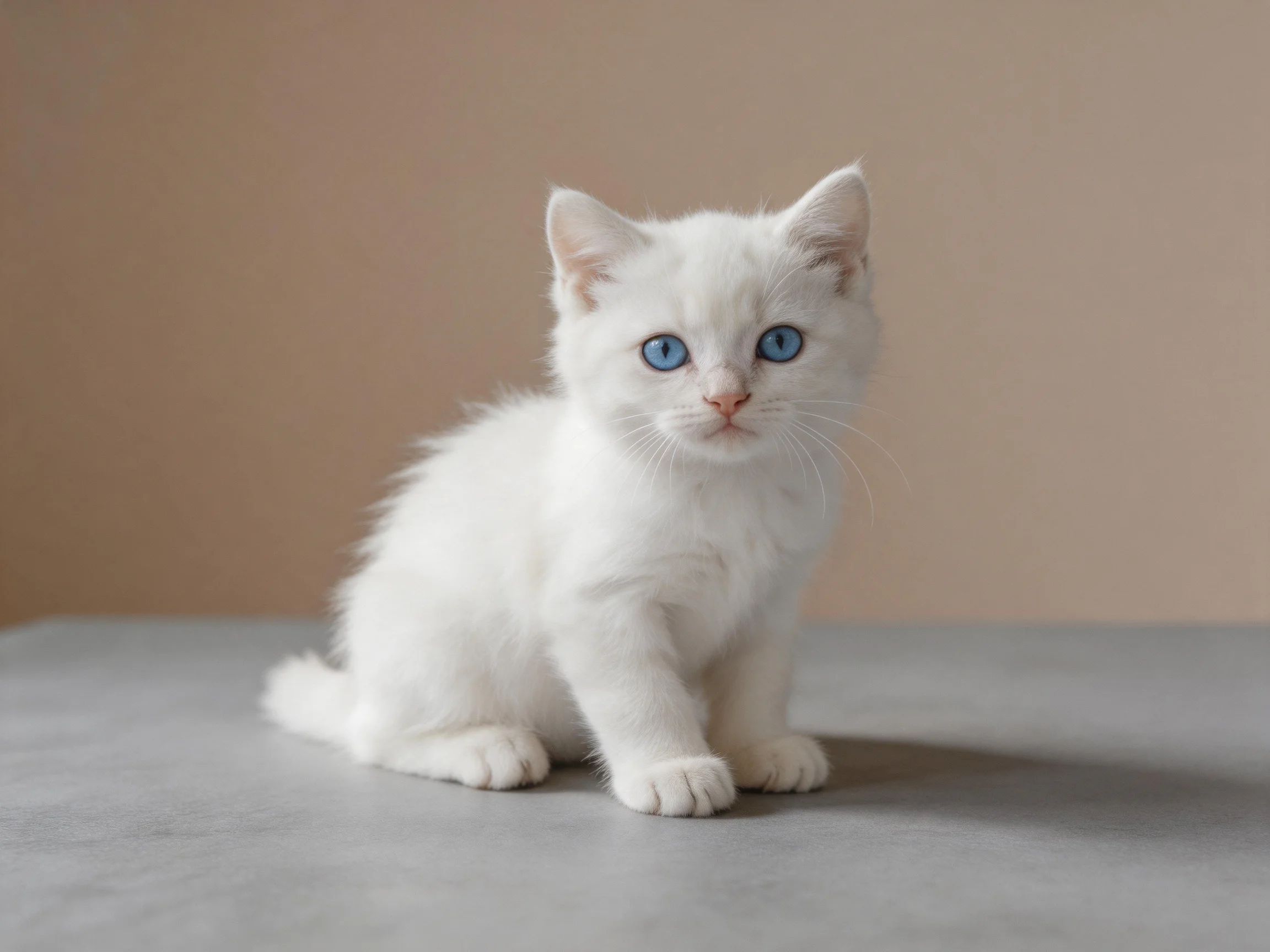 A small white kitten with blue eyes sits calmly on a smooth gray surface.