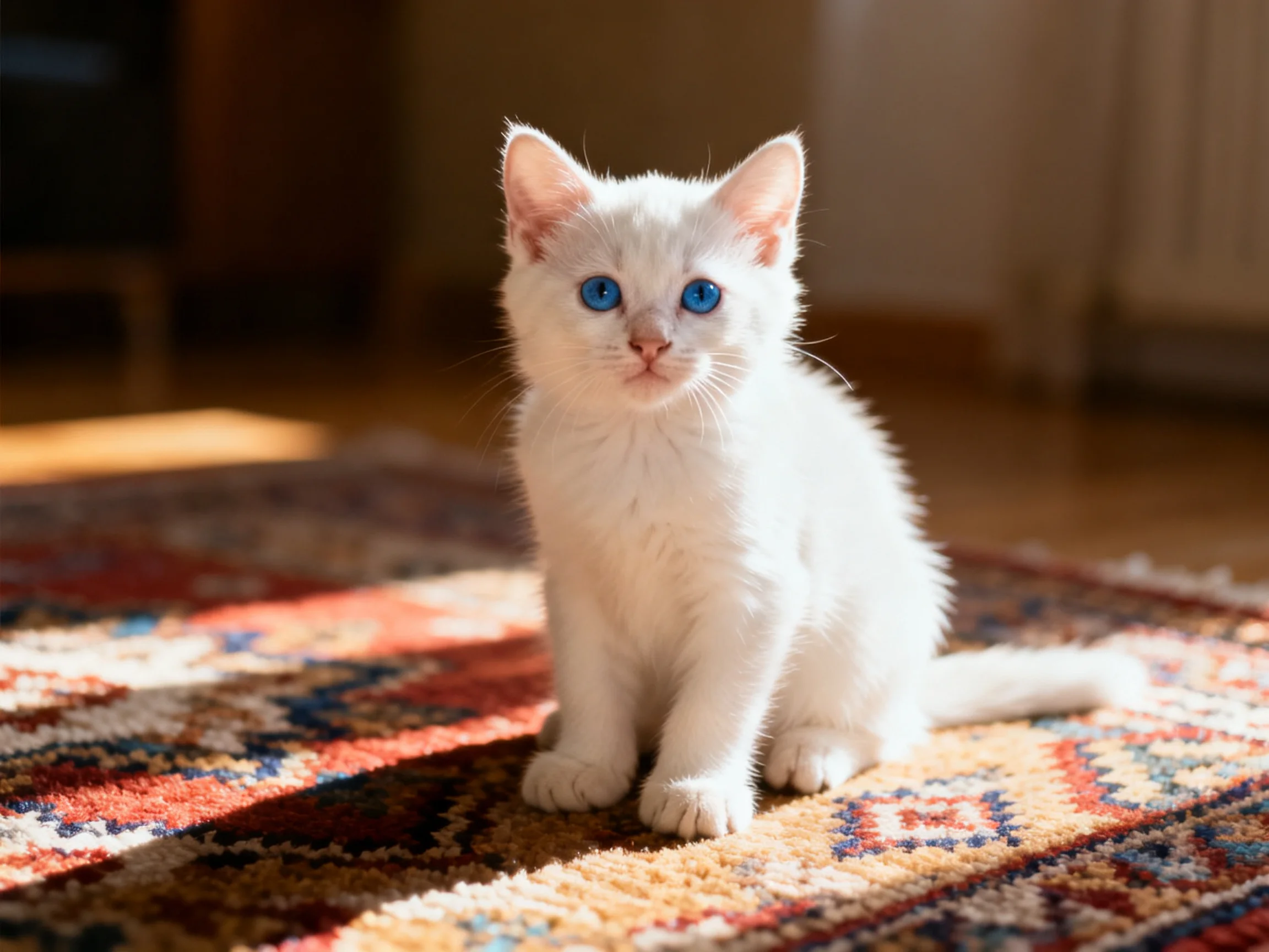 A small white kitten with blue eyes sits on a colorful indoor rug.