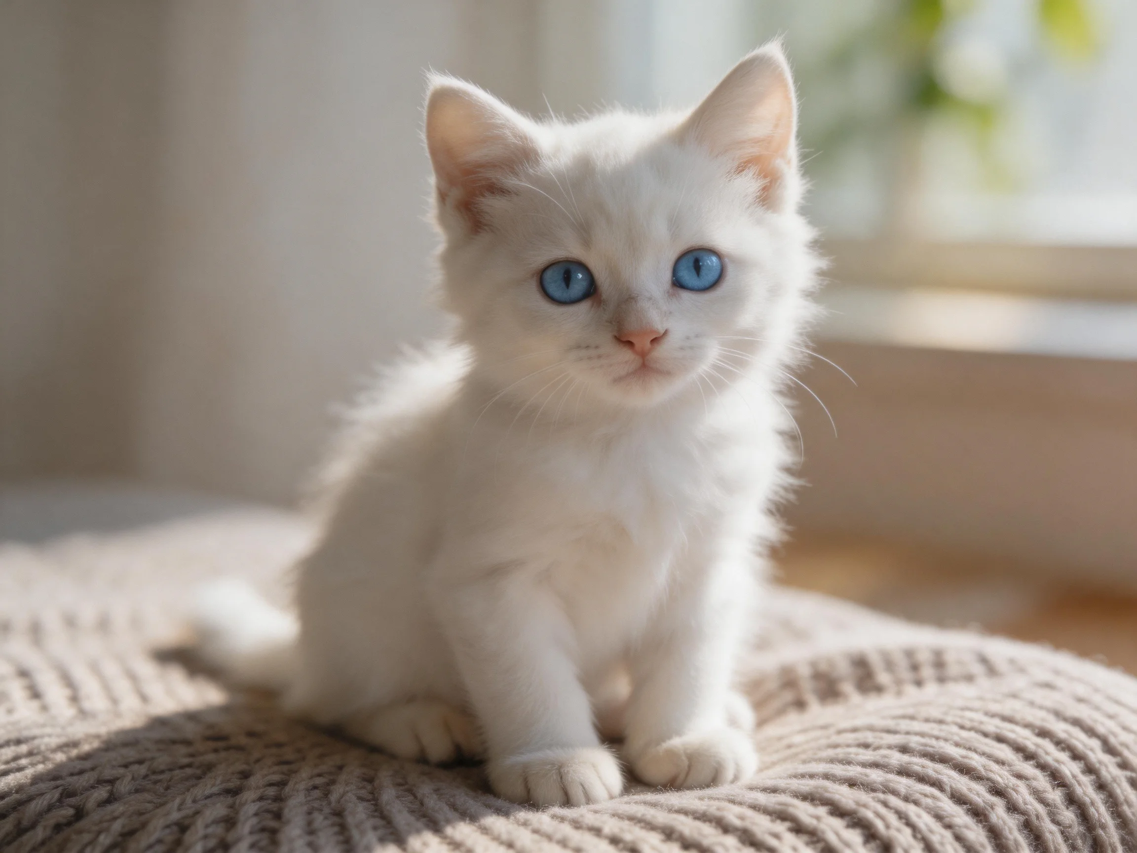 A small white kitten with blue eyes sits on a knitted cushion in a softly lit room.