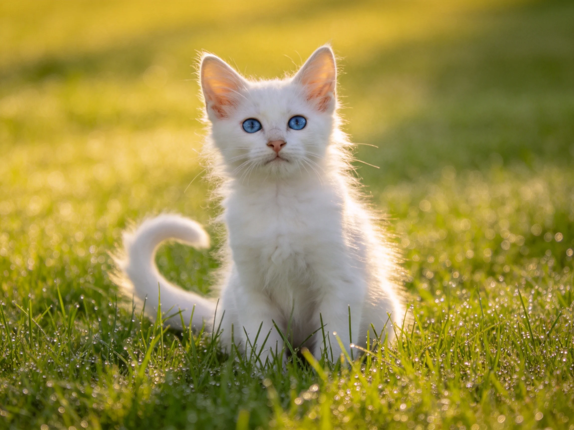 A small white kitten with blue eyes sits on dewy green grass.