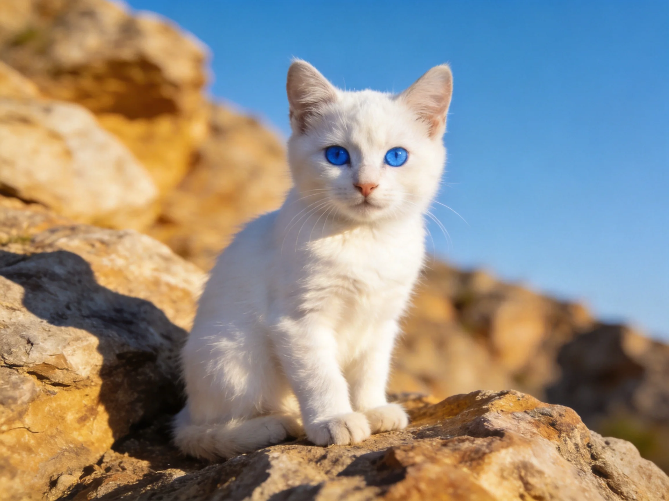 A small white kitten with blue eyes sits on rocky terrain.