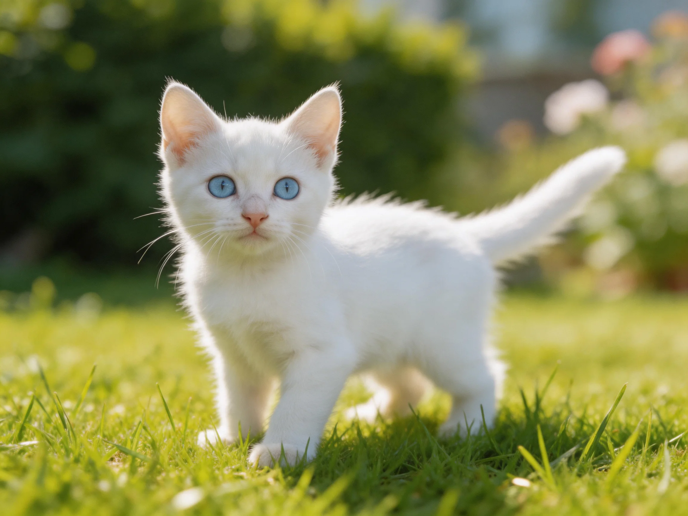 A small white kitten with blue eyes stands on green grass in a sunlit outdoor area.