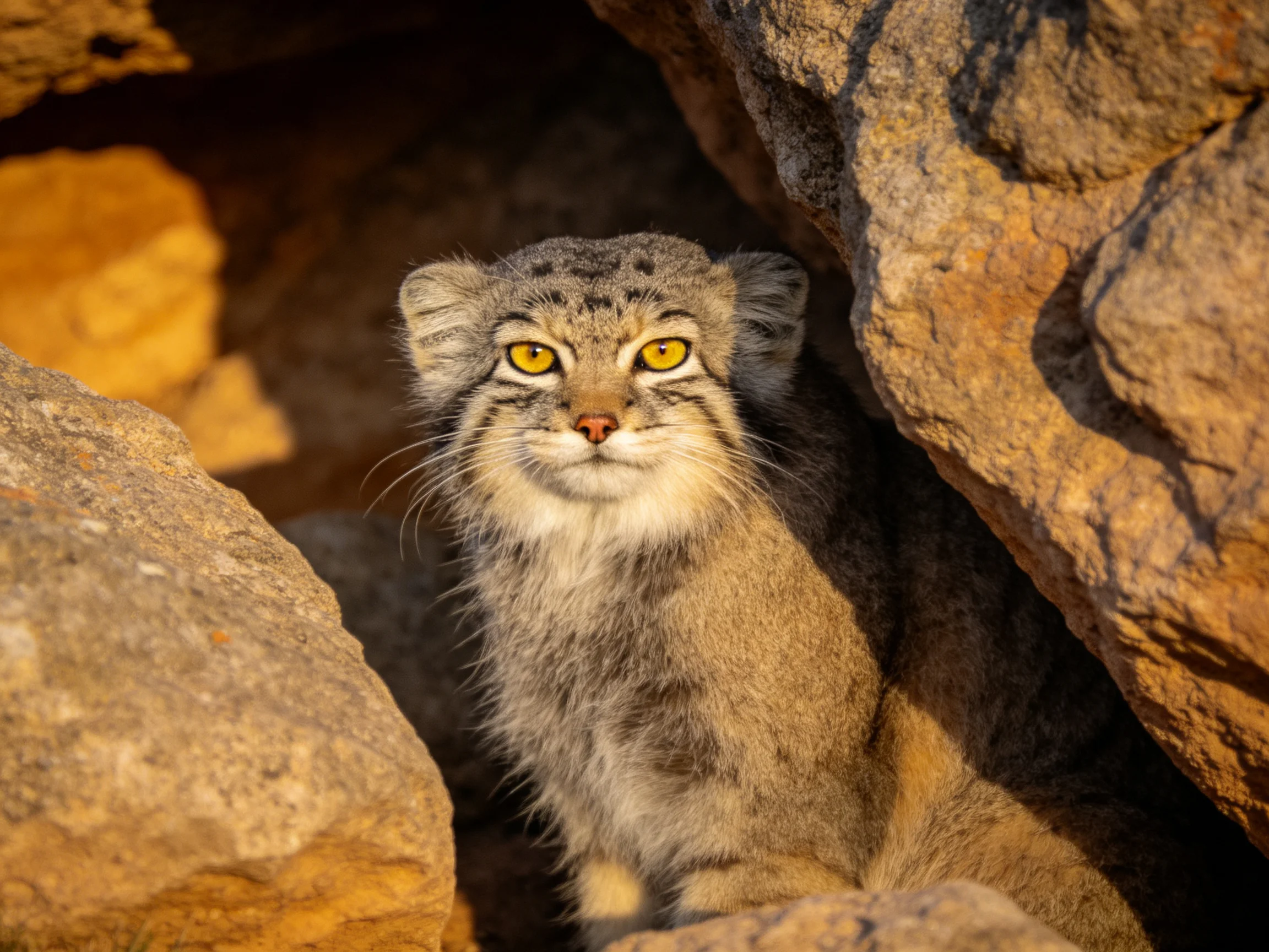 A small wild cat rests within a rocky enclosure.