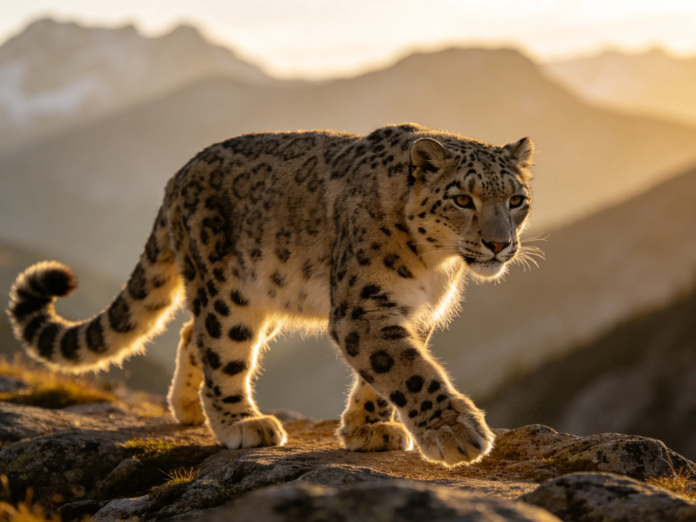 A snow leopard roams rocky terrain near mountain peaks at golden hour