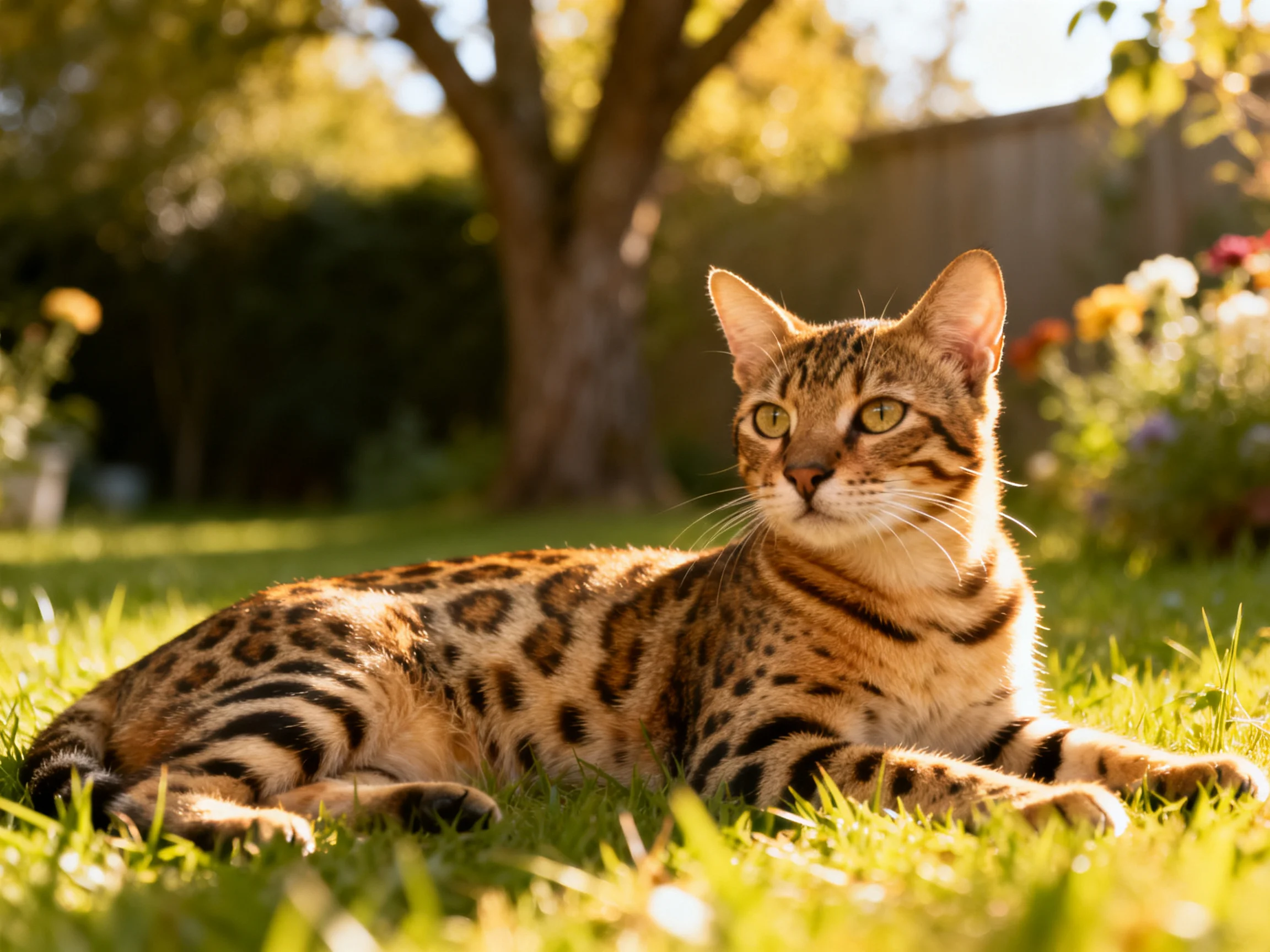 A spotted cat relaxes on sun-drenched green grass near a tree