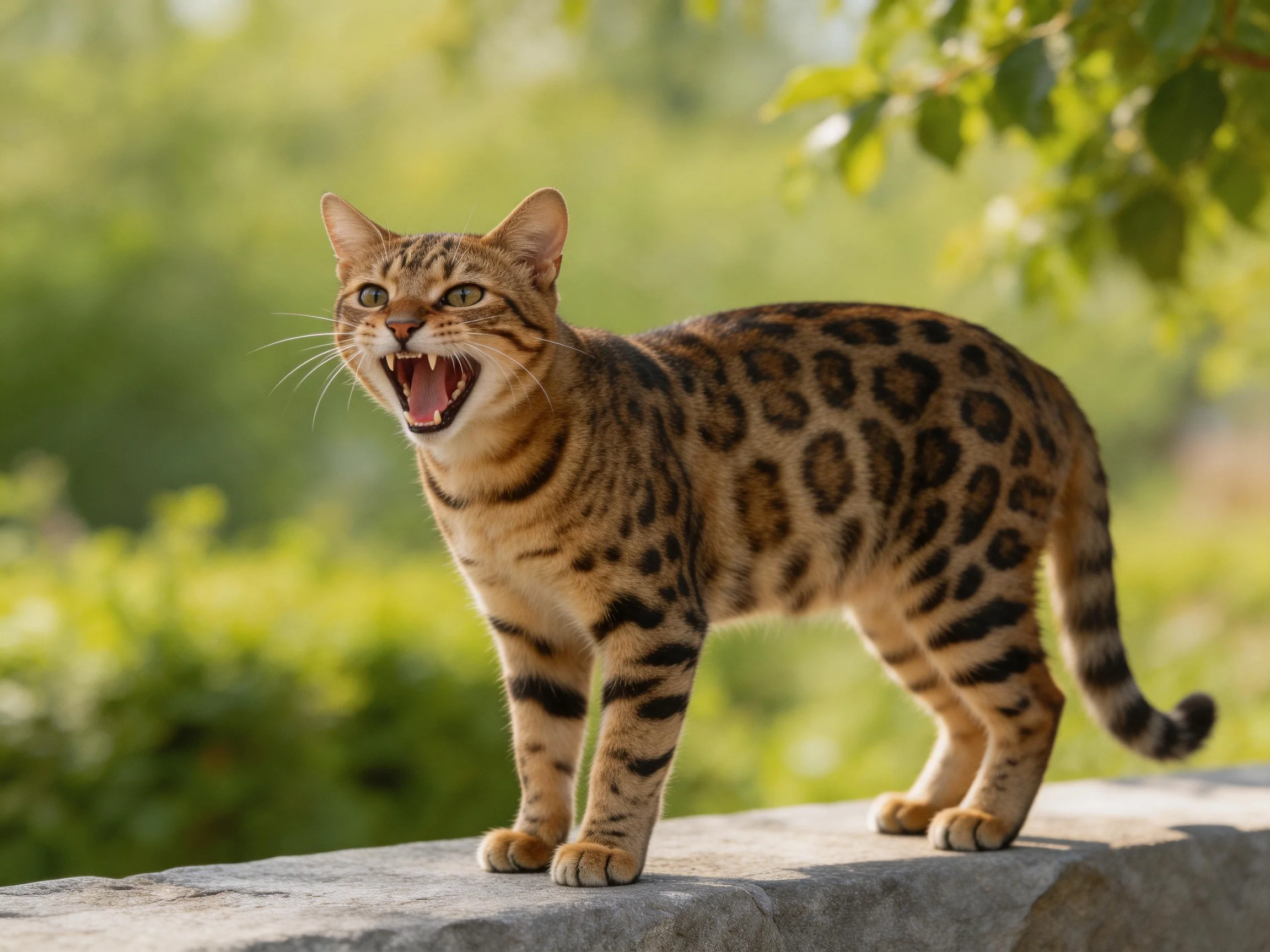 A spotted cat stands on a stone ledge with lush greenery behind