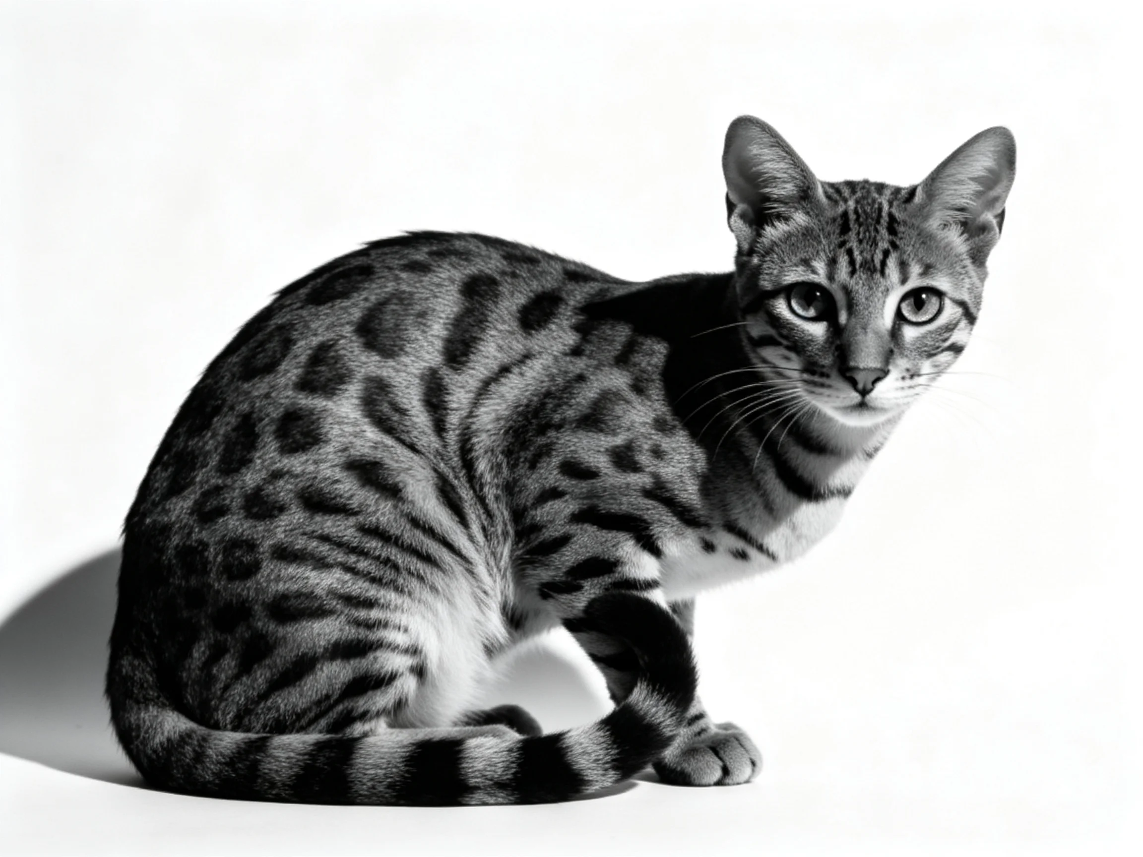 A spotted domestic cat sits calmly on a white surface