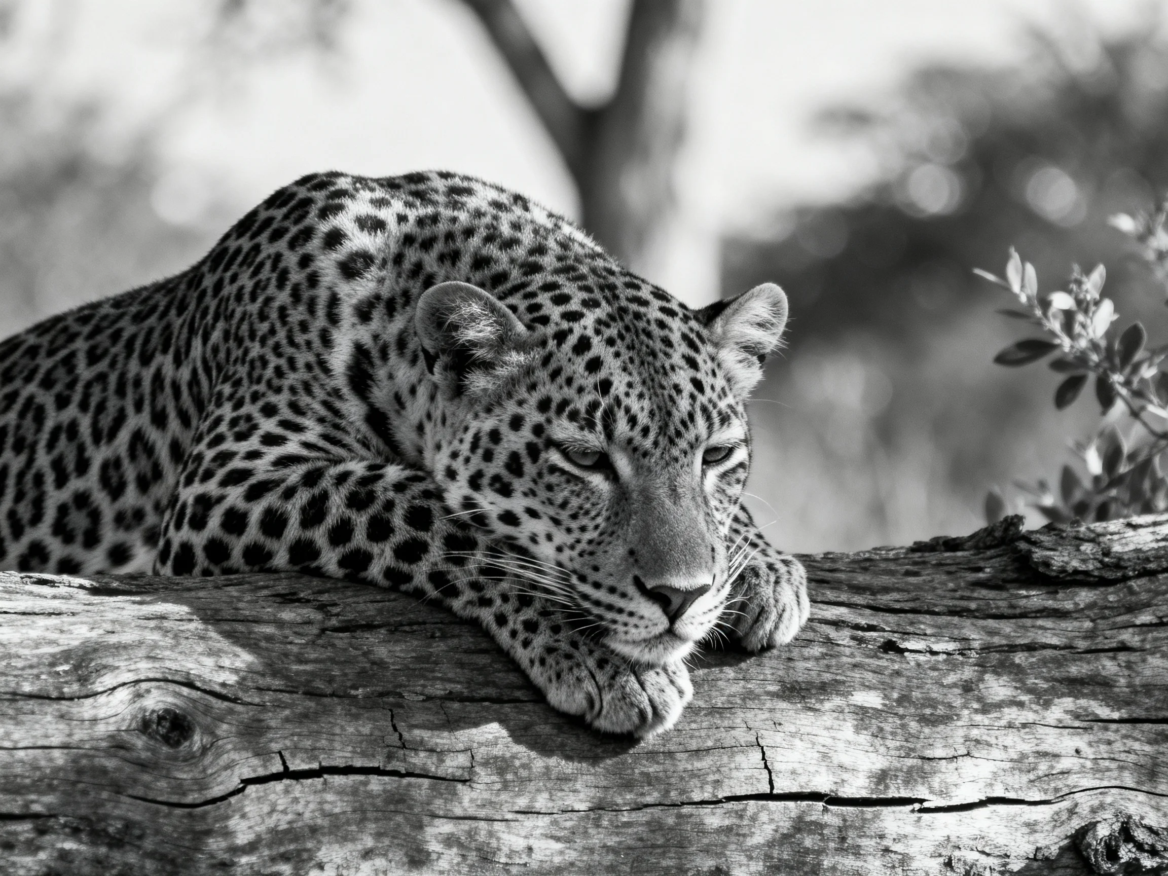A leopard with distinct spots rests on a weathered tree trunk.