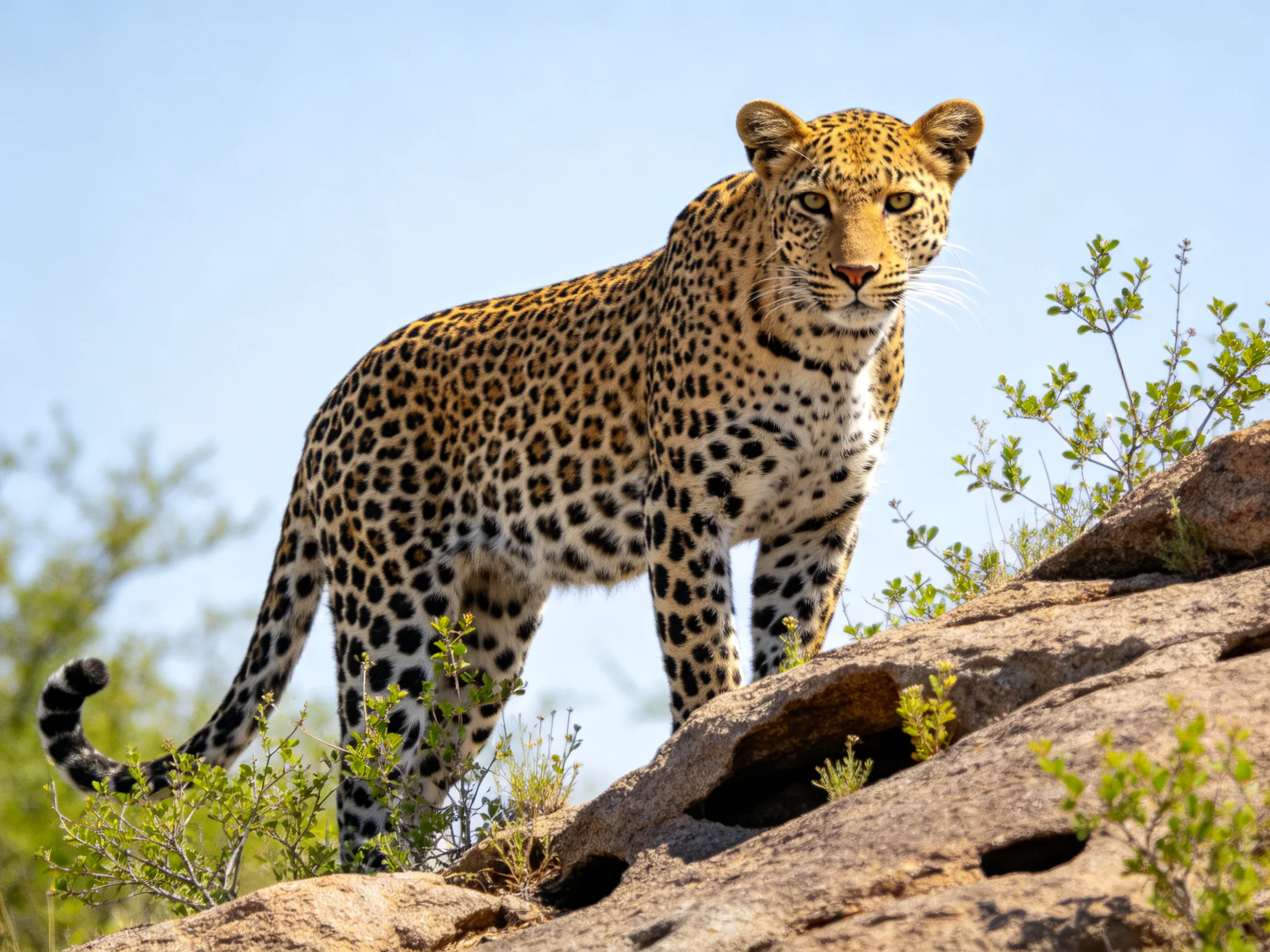 A leopard with spotted fur stands on rocky ground near green plants.