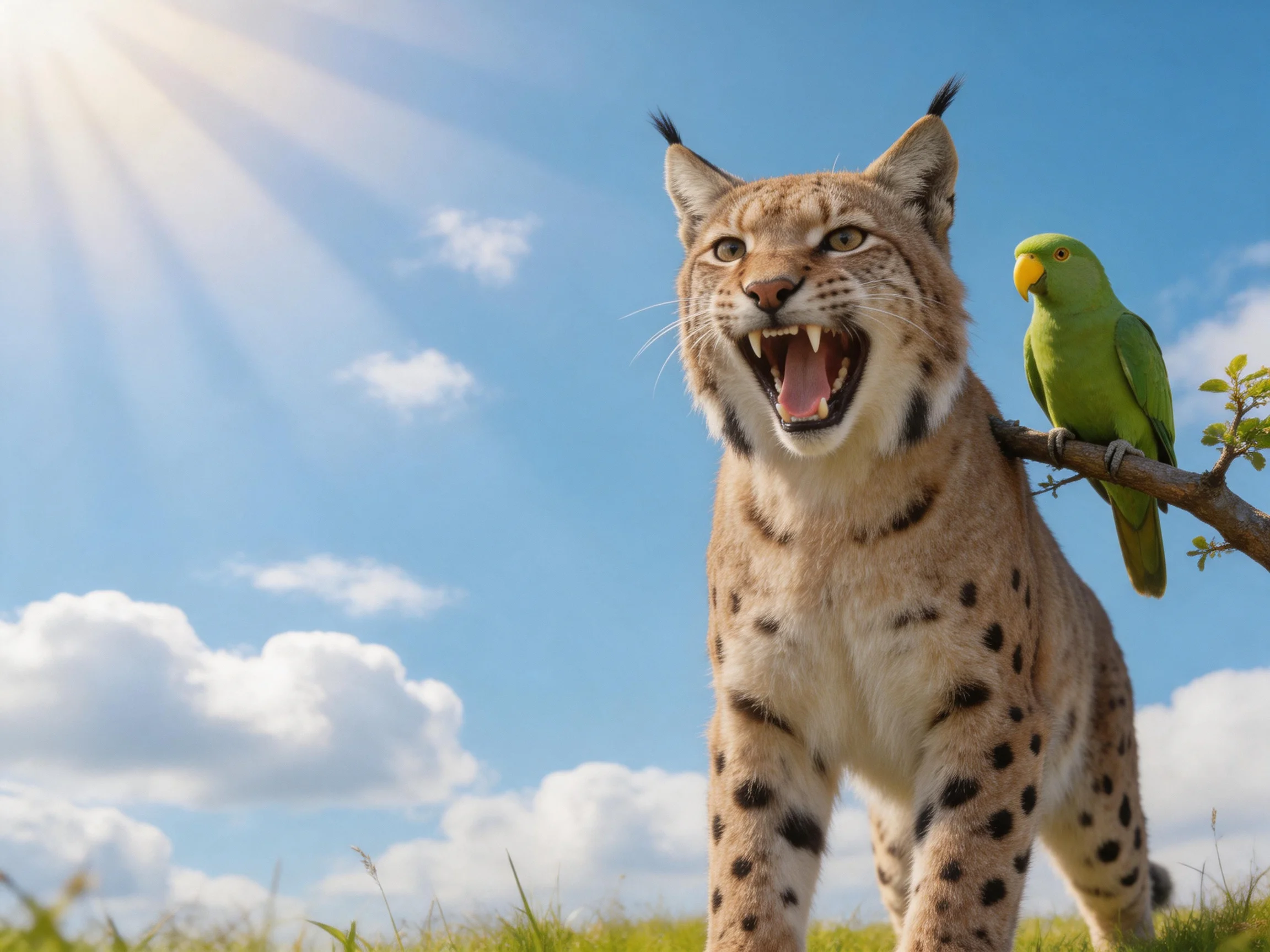 A spotted lynx and green parrot near a branch under sunny sky