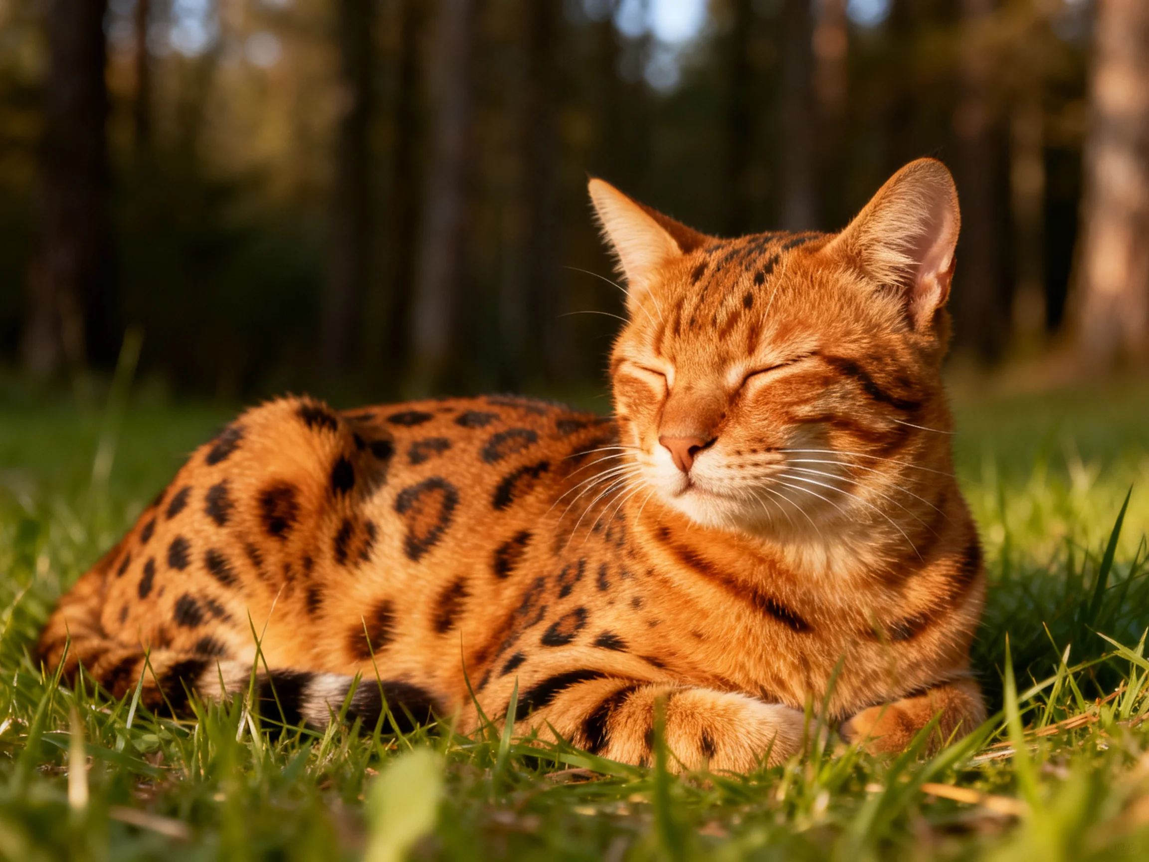 A spotted orange cat relaxes on green grass in a sunlit forest clearing.