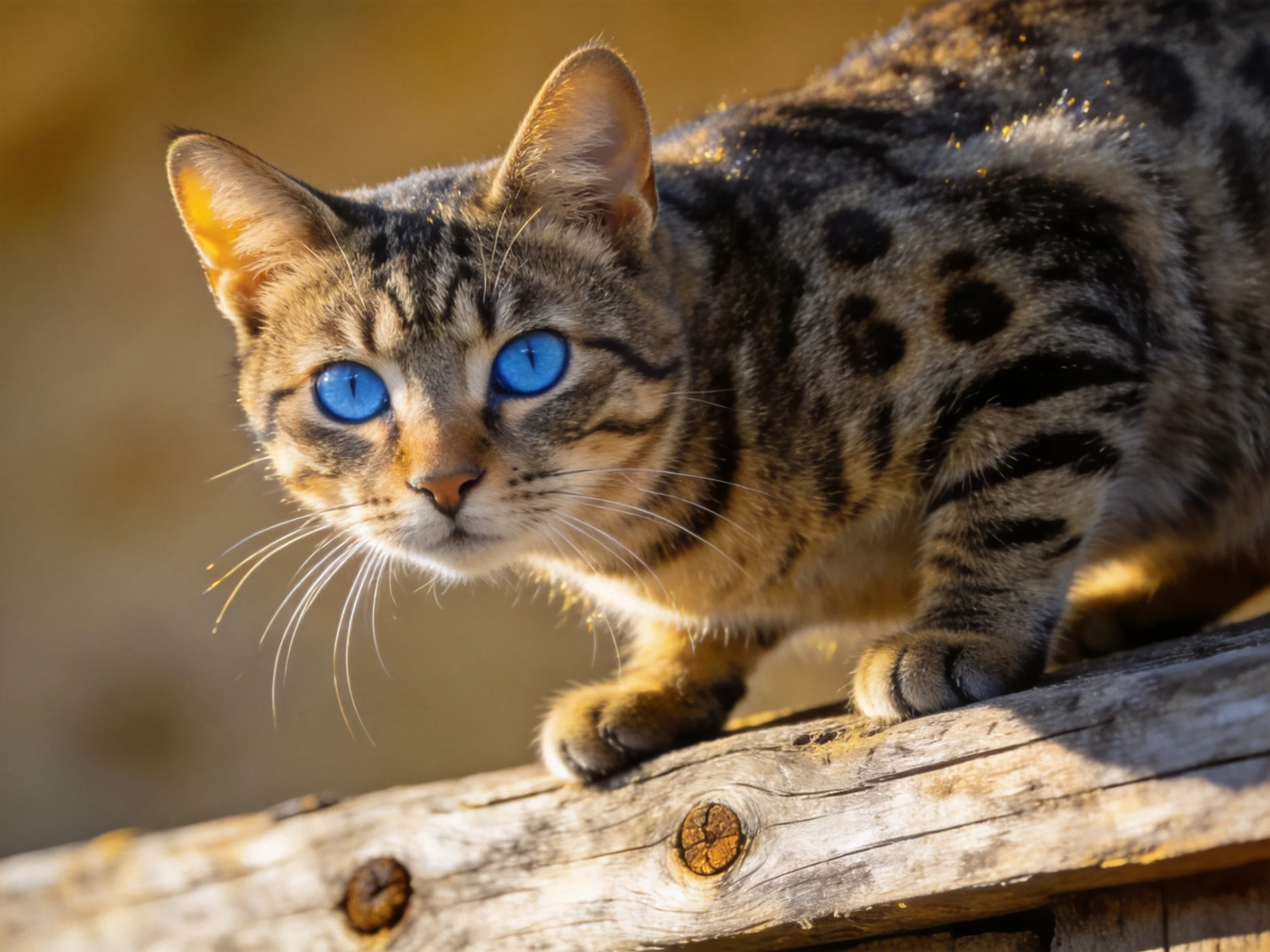 A spotted tabby cat with blue eyes stands on weathered wood.