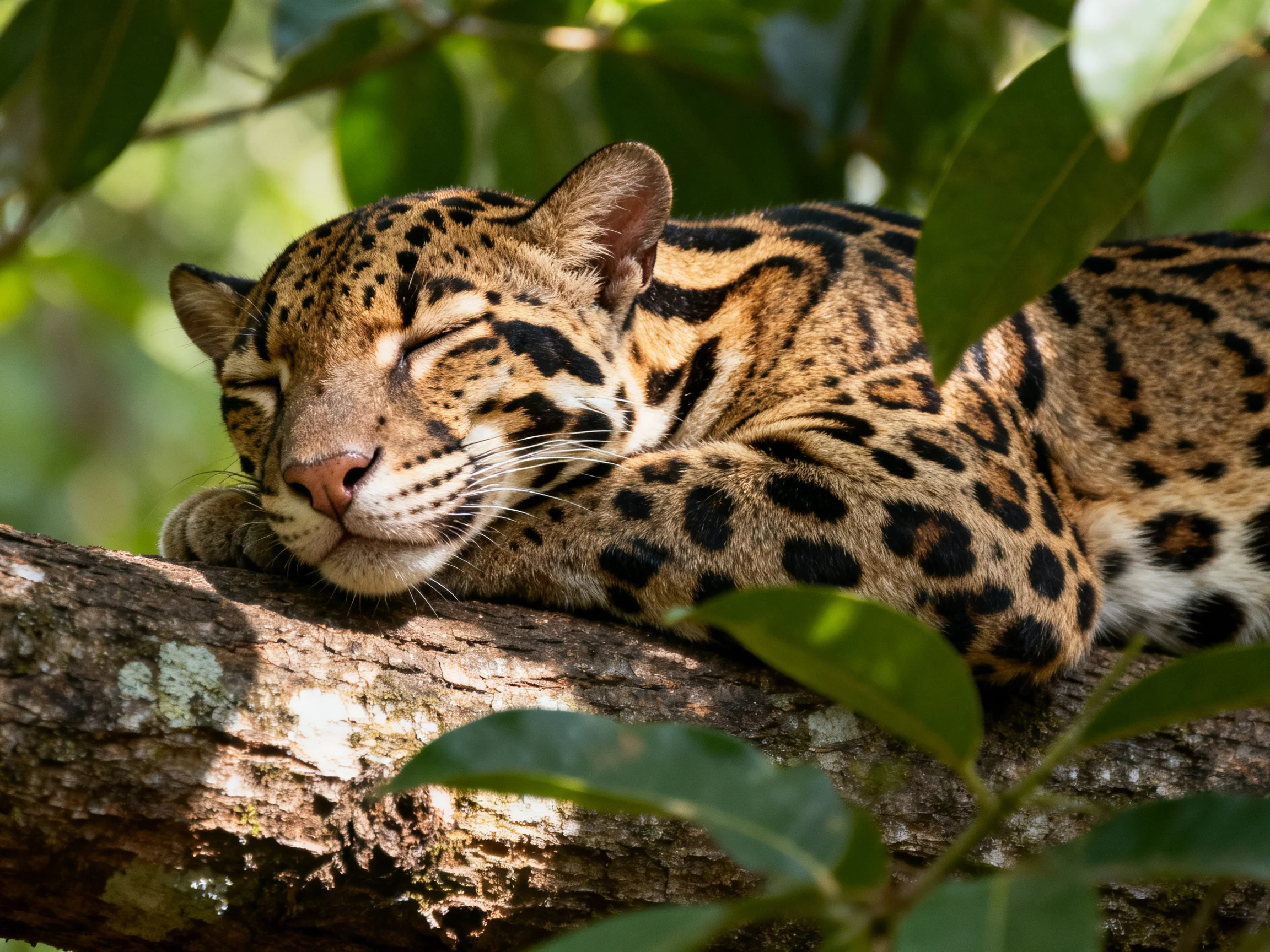 A spotted wild cat sleeps on a tree branch in a leafy environment.