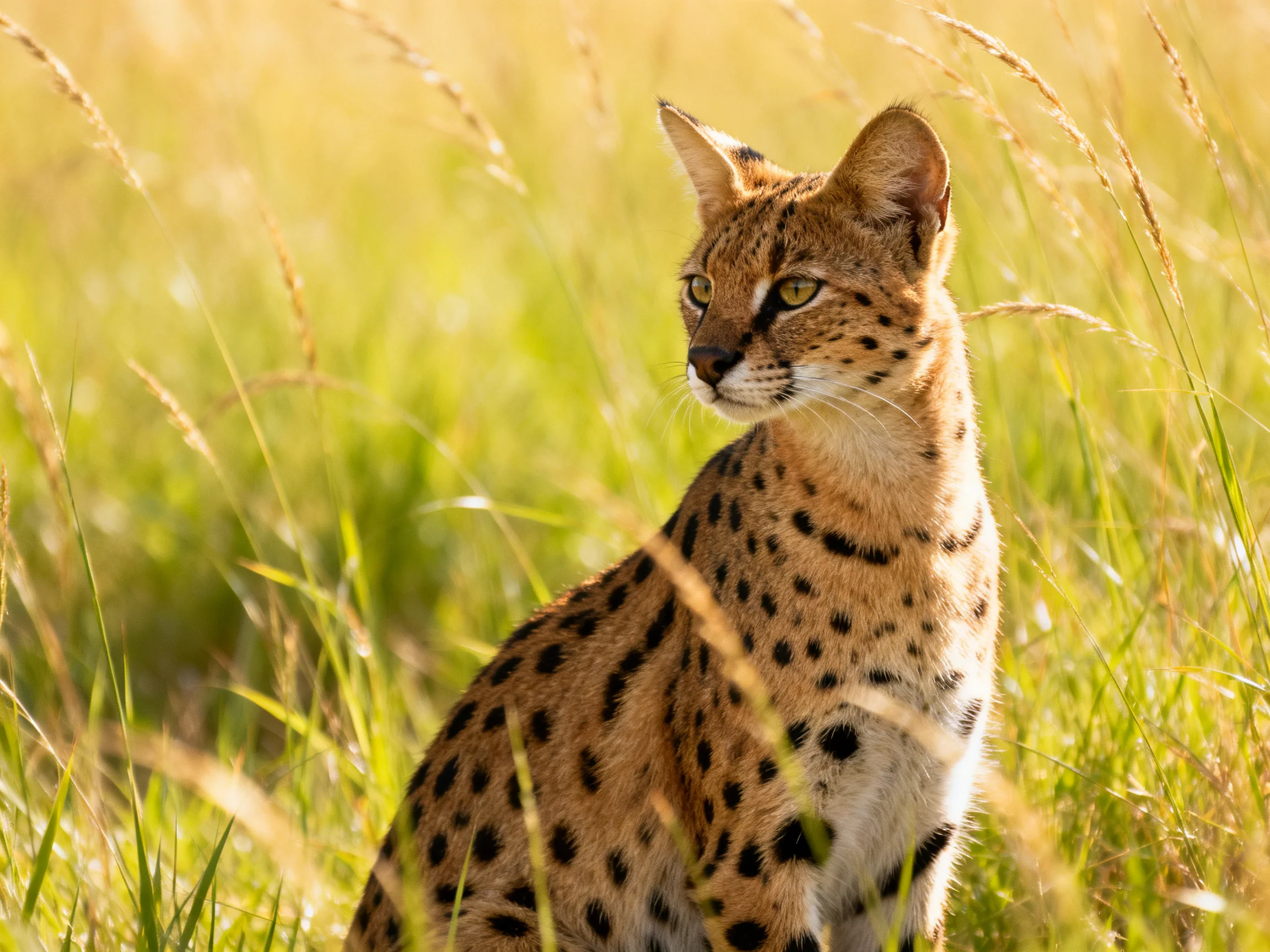 A spotted wild cat sits amid tall golden-green grasses