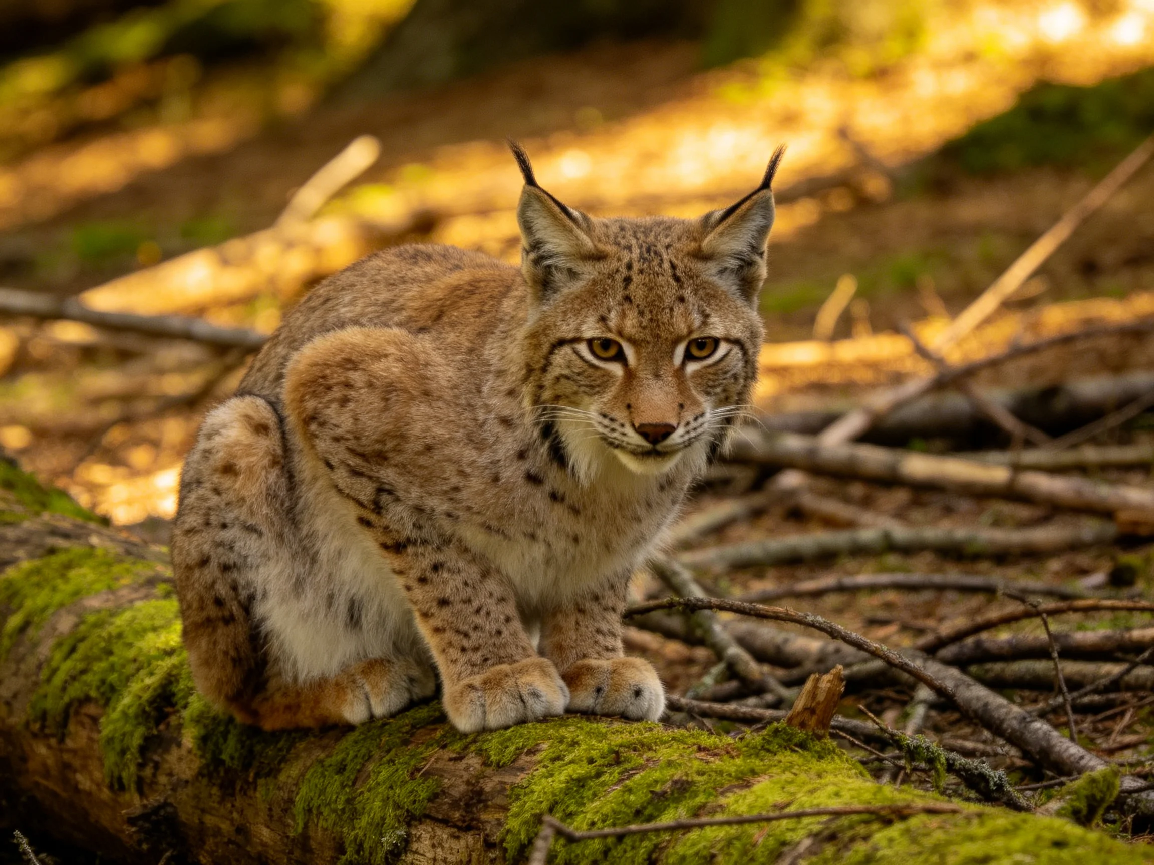 A spotted wildcat perched on a moss-covered fallen tree trunk
