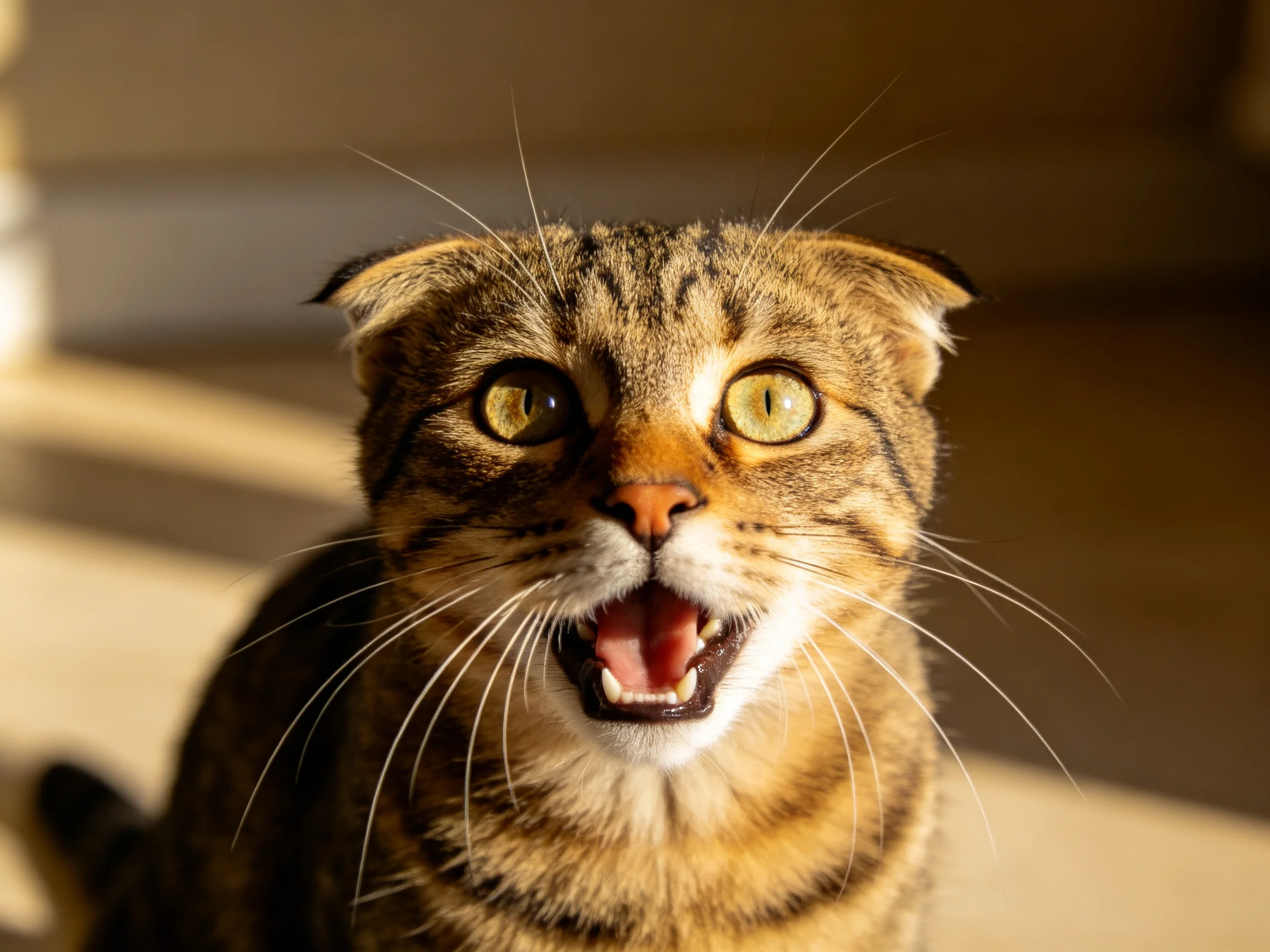 A startled brown-tabby cat with wide eyes and open mouth