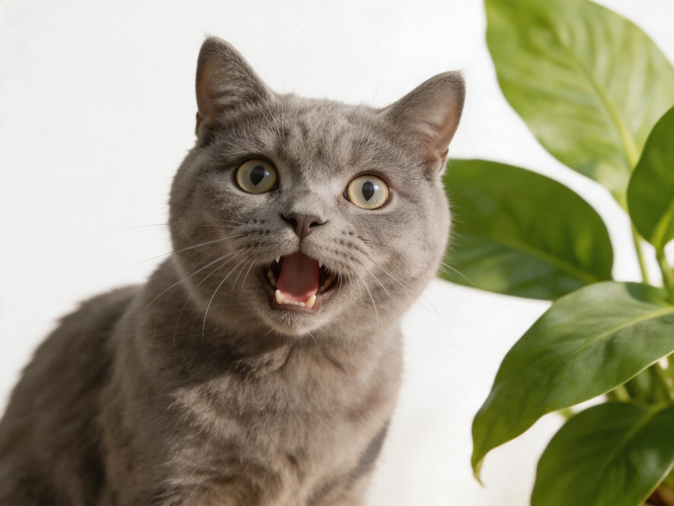 A startled gray cat with wide eyes near lush green foliage