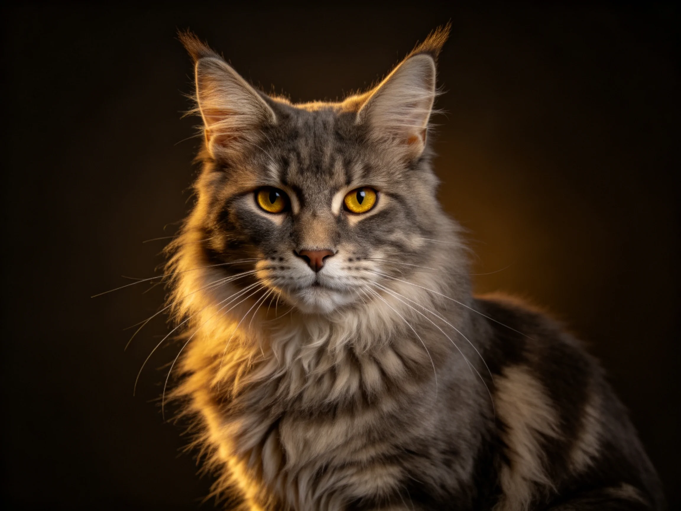 A gray tabby cat with vivid yellow eyes is highlighted by warm illumination.