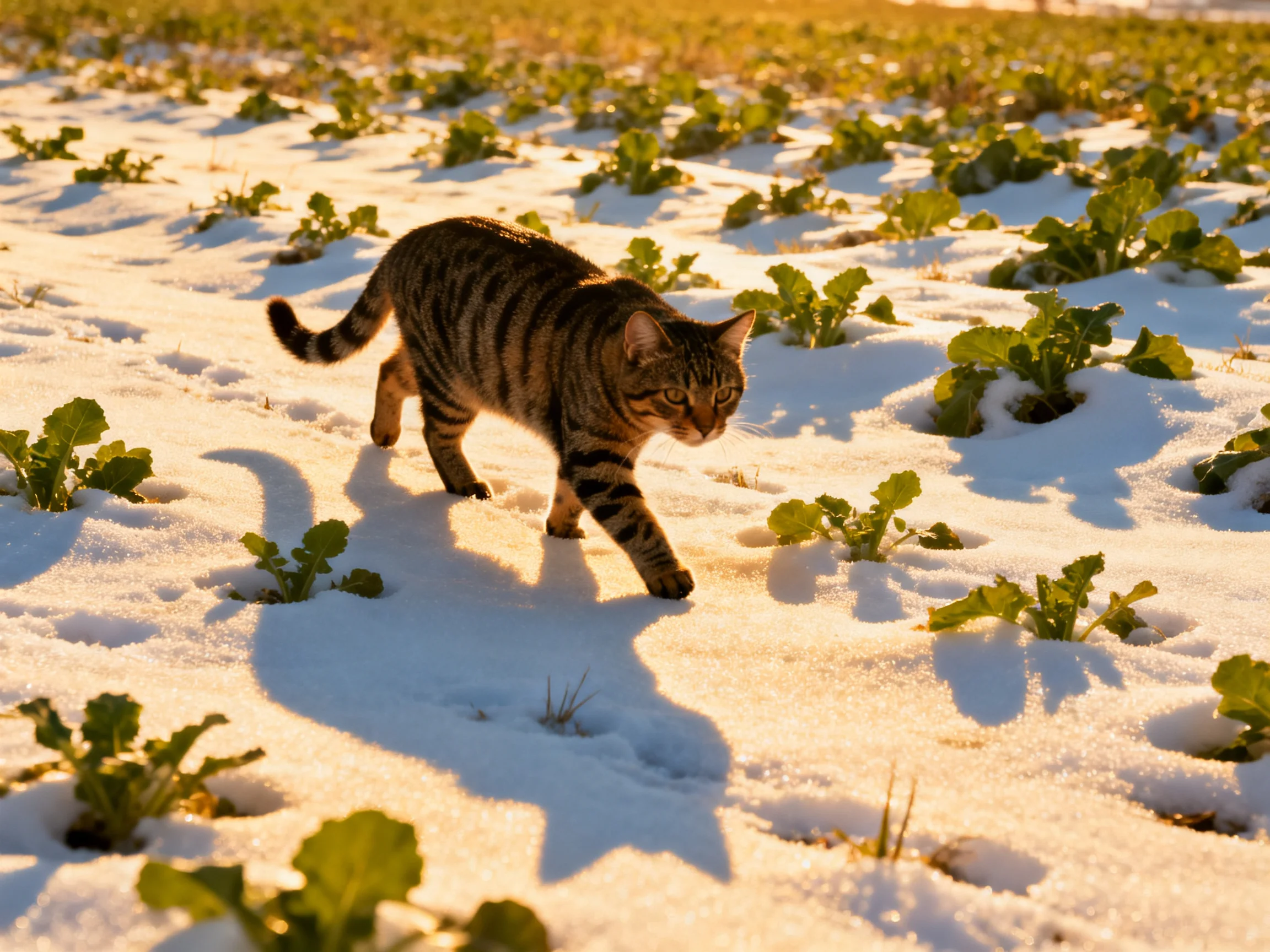 A striped cat explores a snow - covered field with green vegetation