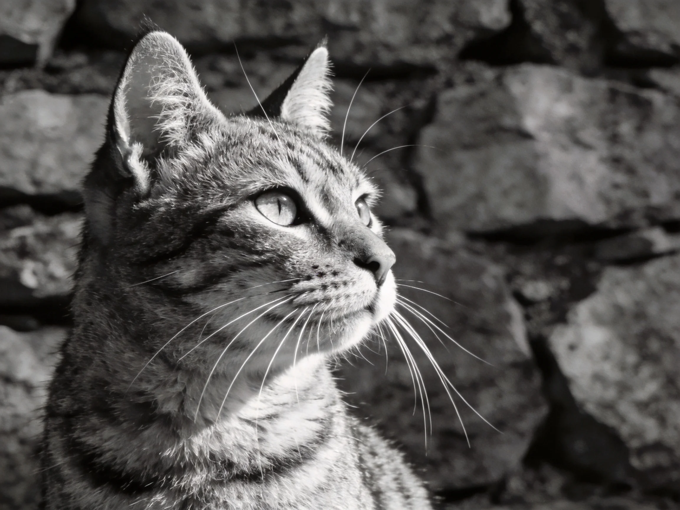 A striped cat gazes toward a rugged stone wall