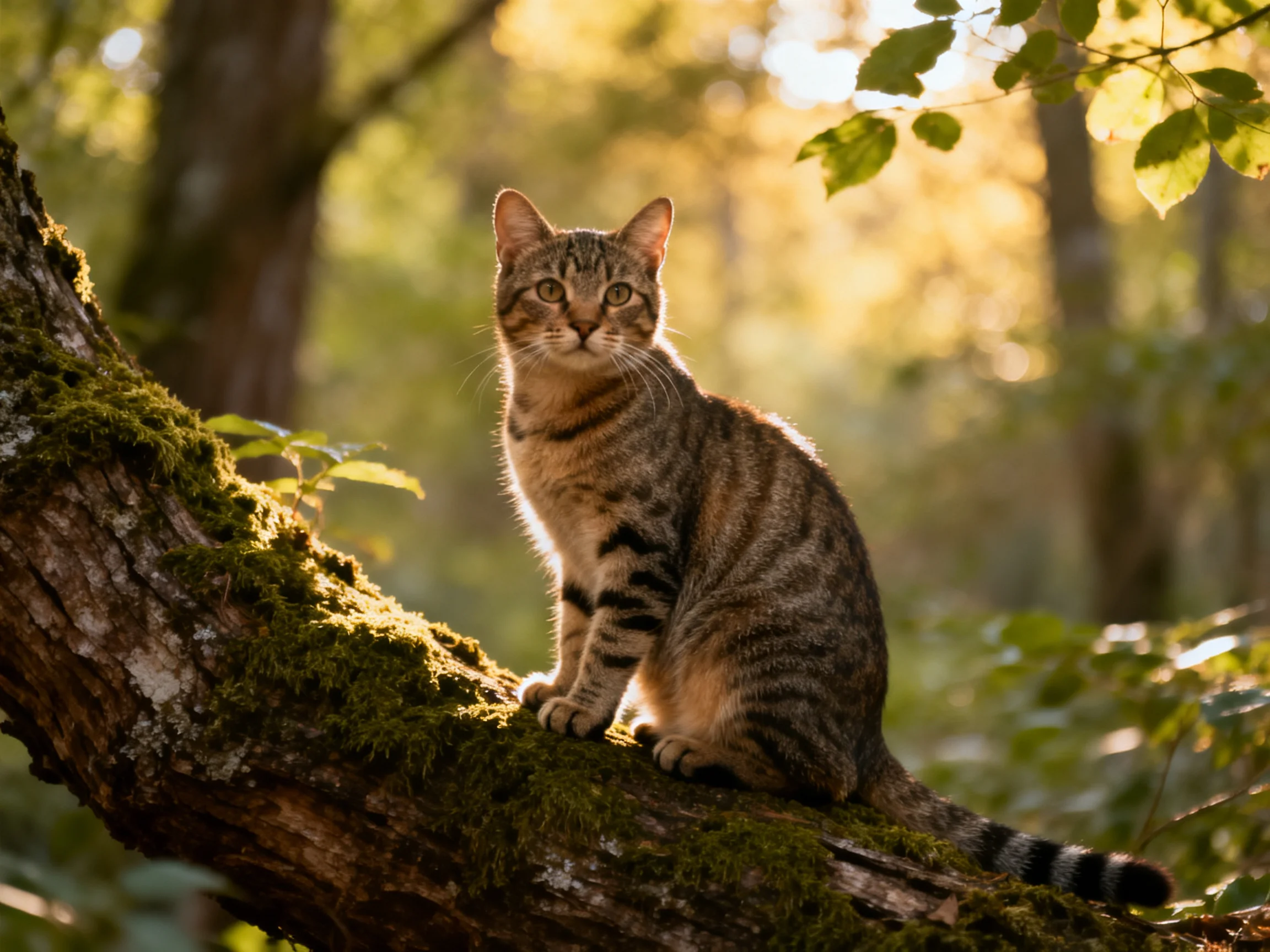 A striped cat perched on a moss-covered tree branch in golden sunlight